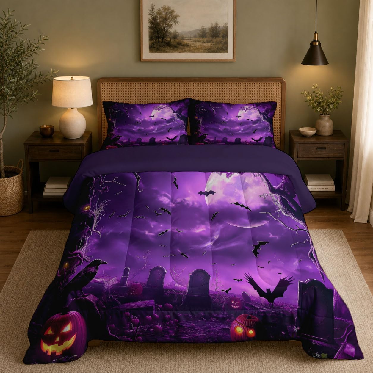 Halloween Theme Quilt Set Twin 3 Pieces, Purple Quilts Bedding Set Eerie Moon Bat Graveyard Bedspread Bed Cover Lightweight Spring Summer Beds Coverlet for All Season - 68"X90"