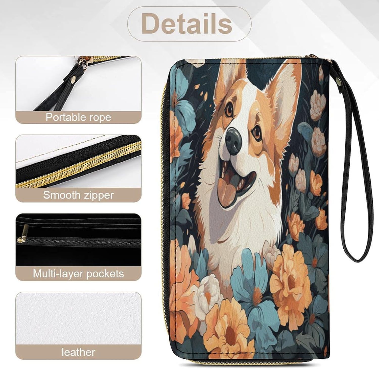 Womens Wallet Corgi Pattern Printed Wristlet Wallets for Women Large Capacity Credit Card Holder Ladies Phone Clutch Leather Zip Around Clutch Wallet