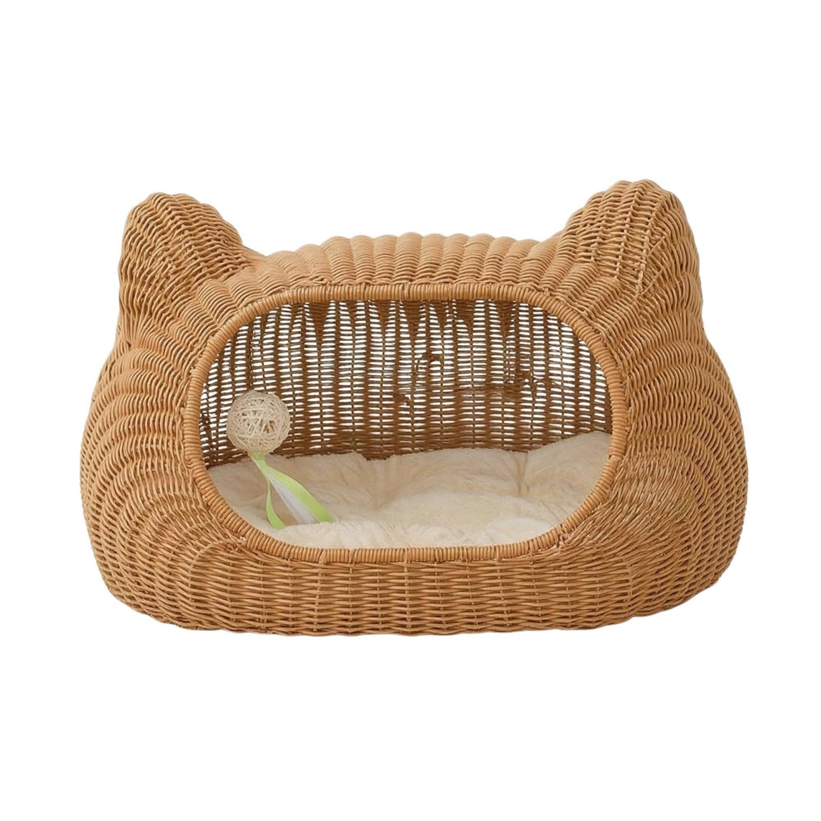 Cuccia per Gatto Letto Rifugio Giochi Intrecciata in Rattan PP con Orecchie E Sfera Pendente Struttura in Ferro Comoda E Accogliente Adatta per, 驼色, 小号