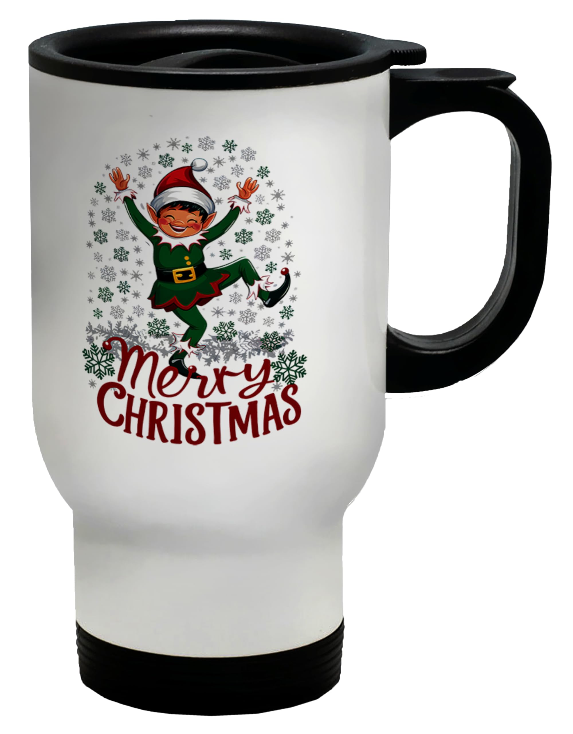 Shopagift Merry Christmas Dancing Elf Travel Mug Xmas Snowflakes Stainless Steel 14oz Cup