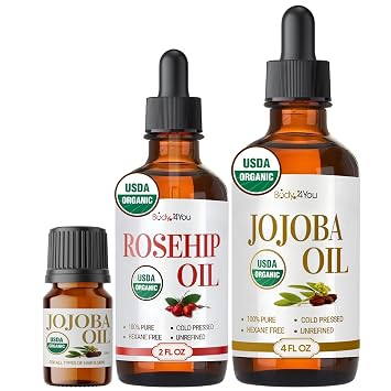 BodyJ4You Rosehip Oil Jojoba Oil Bundle - USDA Certified Organic Pure Oils Value Set - Face Skin Hair Beard Nail Care - Cold Pressed Non-GMO Hexane Free Carrier Oils - Rosehip 2 Fl Oz - Jojoba 4 Fl Oz