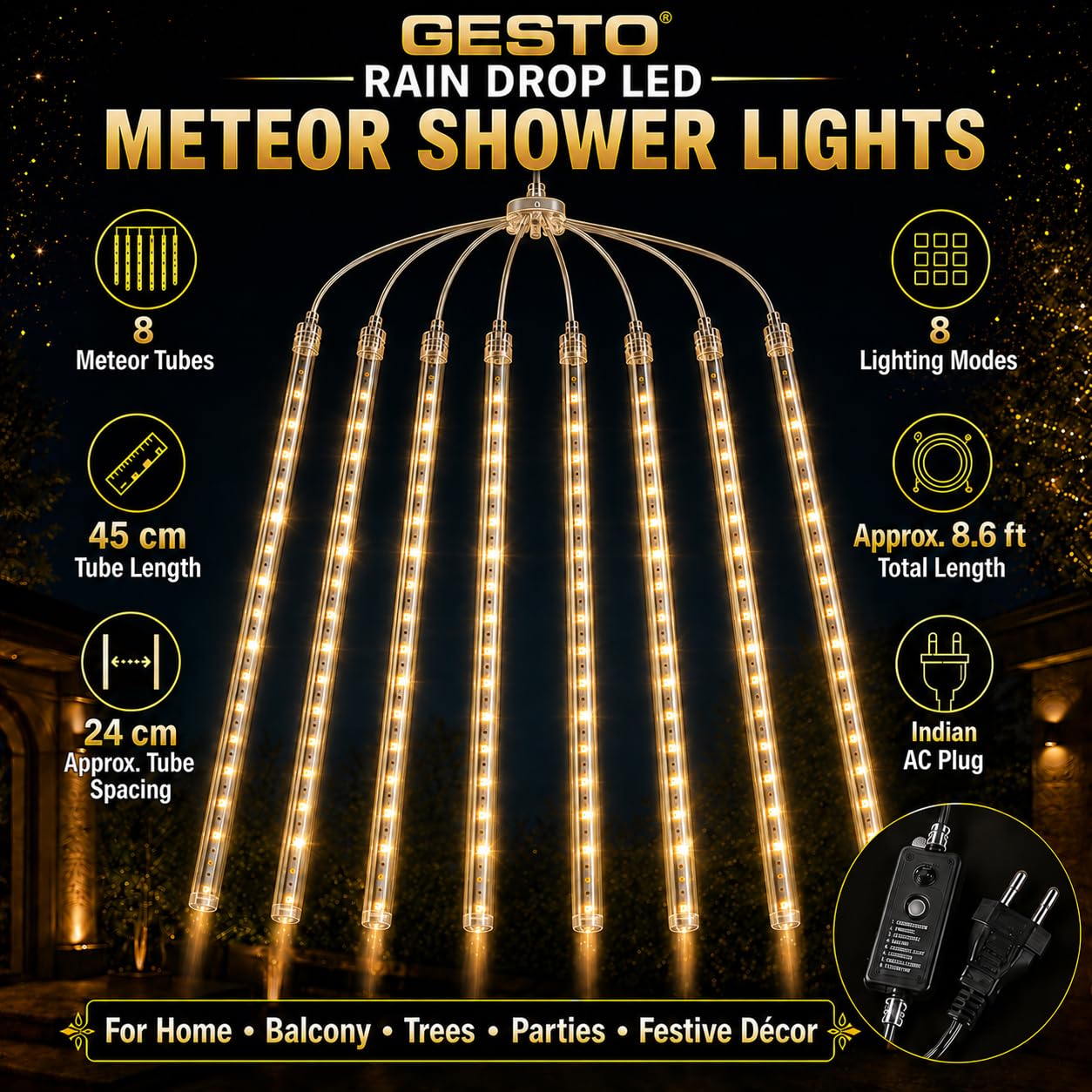 Gesto Meteor Shower LED Lights - Falling Rain Decor -5