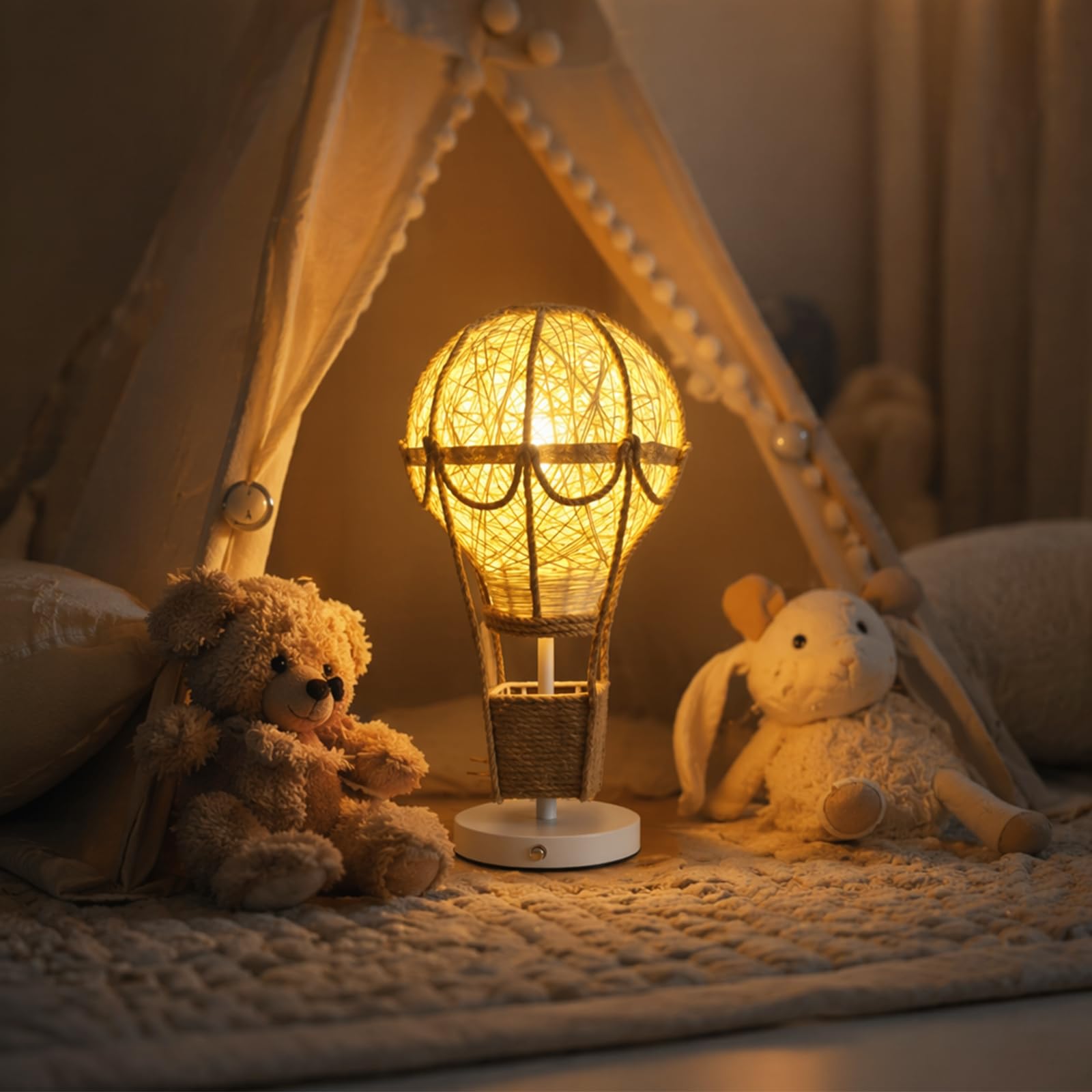 Lampada a Mongolfiera in Rattan e Canapa, Luce Calda Diffusa, Decorazione Boho Unica e Romantica per Camera e Soggiorno