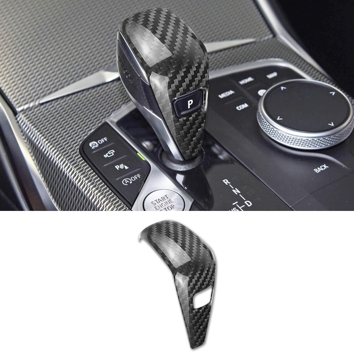 SUNJIKA Compatible with Center Console Real Genuine Carbon Fiber Gear Shift Knob Lever Cover Trim Interior Accessories for BMW G20 3 Series G14 G15 8 Series G07 X5 G29 Z4 (Black 1pc)