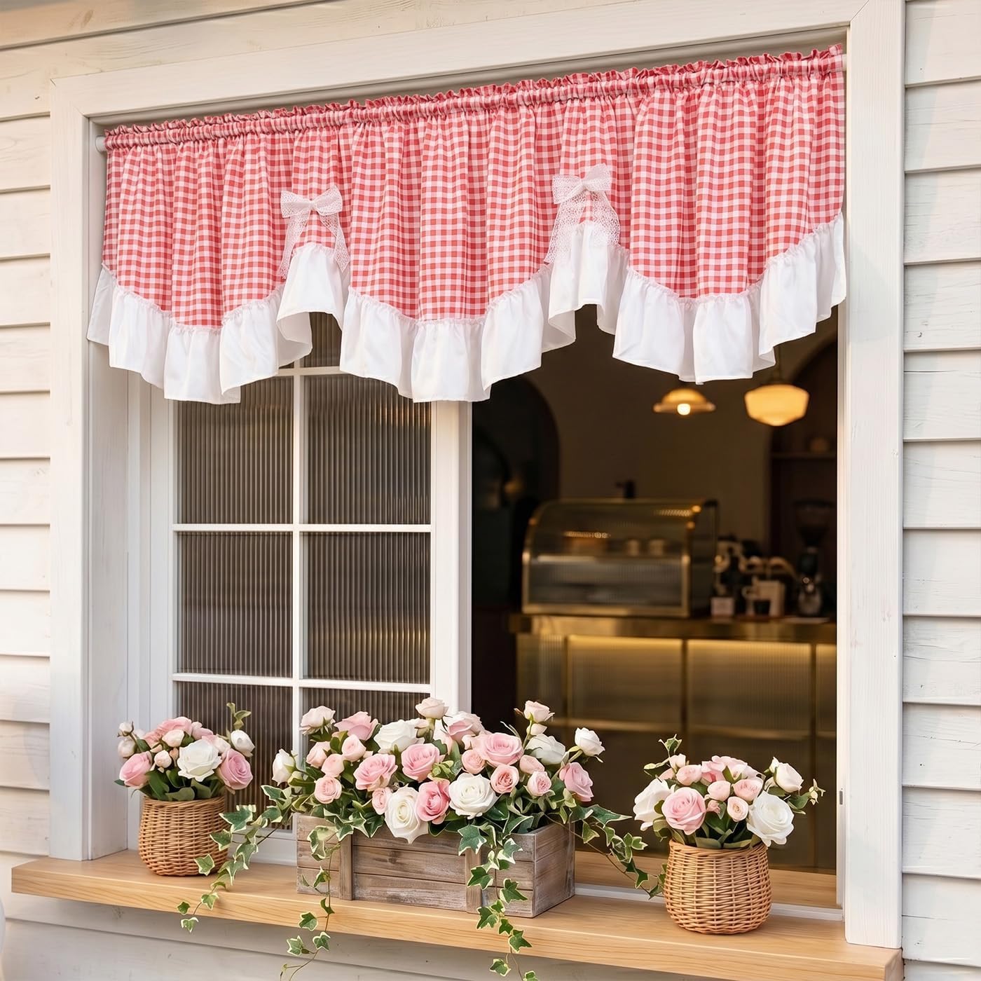 Red Gingham Scalloped Ruffled Valance Farmhouse Small Curtain 52" W x 18" L