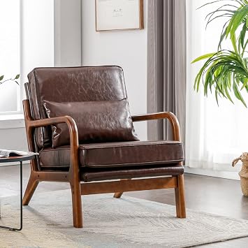 Brown Faux Leather Accent Chair- Comfy Solid Wood Arm Chair Mid Century Modern Armchair Lounge Sitting Decorative Office Side Chair Club Small Bedroom Reading Nook Sillas De Sala Living Room Furniture