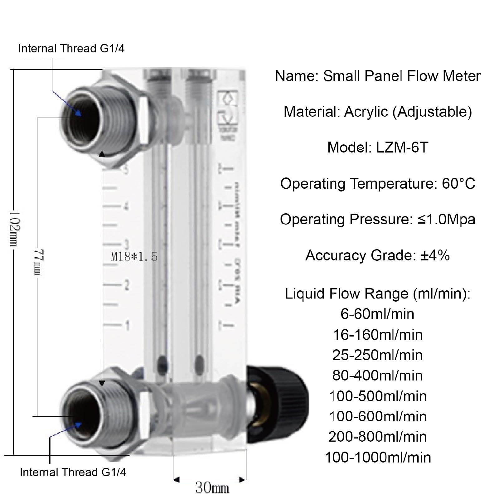 Medidor de Flujo de líquido de bajo Flujo LZM-6T, Tipo Panel acrílico, rotámetro de área Variable, 6-1000mL min, Uso Industrial, Cuerpo Transparente(Liquid 6-60ml-min)