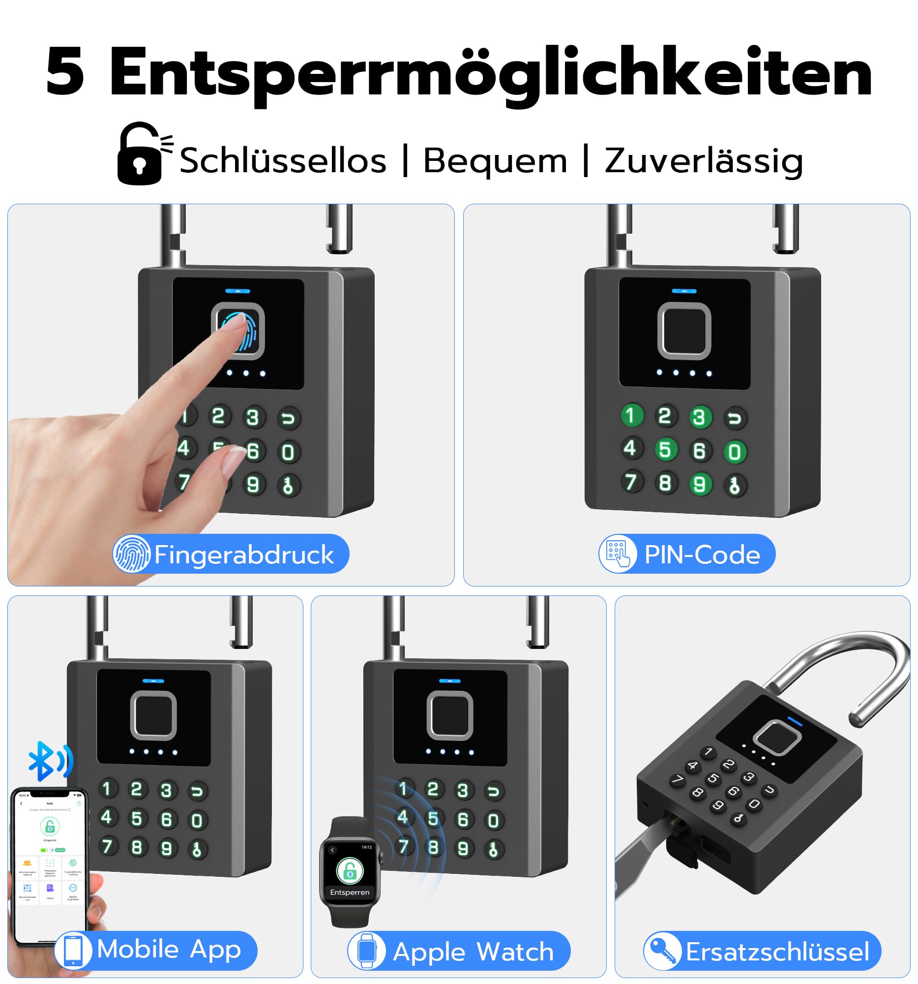 Smartes Fingerabdruck-Vorhängeschloss mit App & PIN-Code | 5-in-1 Öffnung mit Fingerabdruck, PIN, App, Apple Watch & Schlüssel. IP67 wetterfest, USB-C Akku für Garage, Garten & Spind.