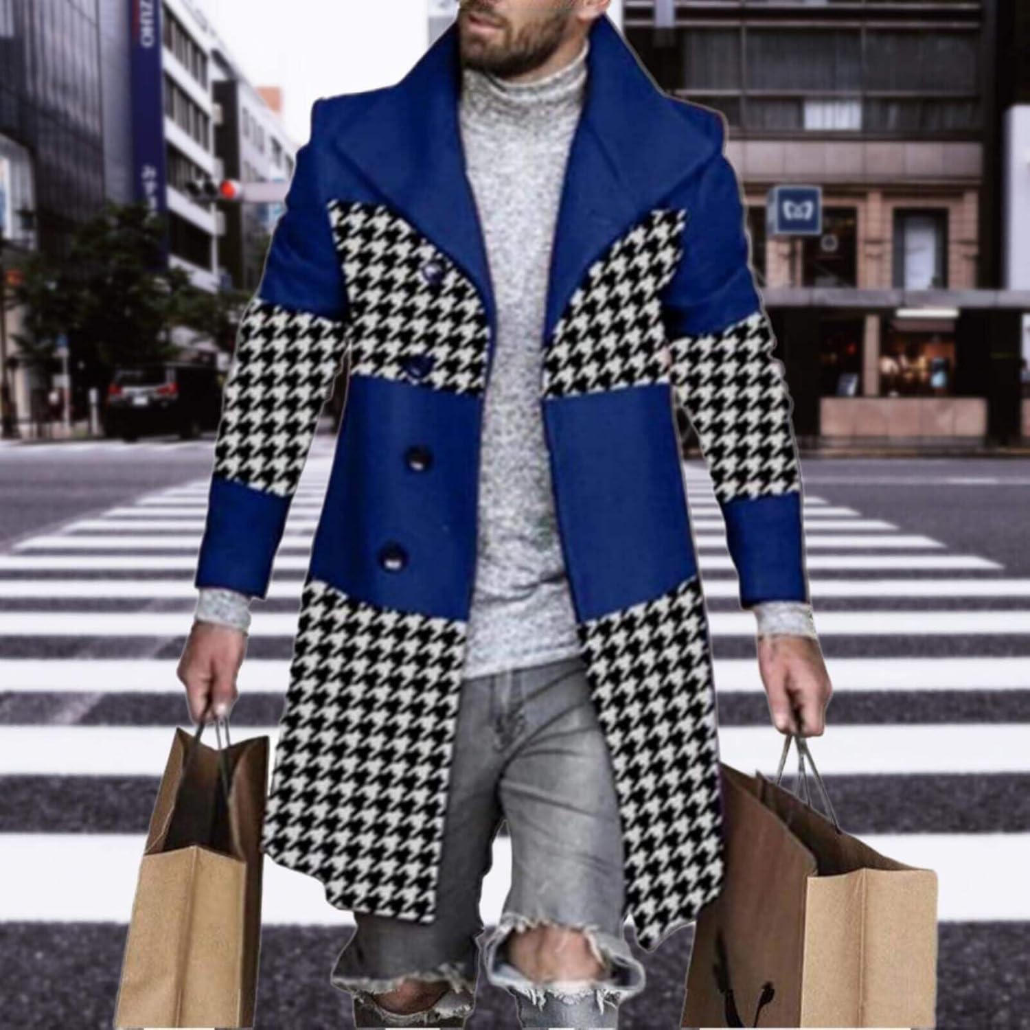 Men's Plaid Long Trench Coat Mid - Length Lapel Collar Button Down Warm Overcoat for Winter & Autumn Fashion - Image 4