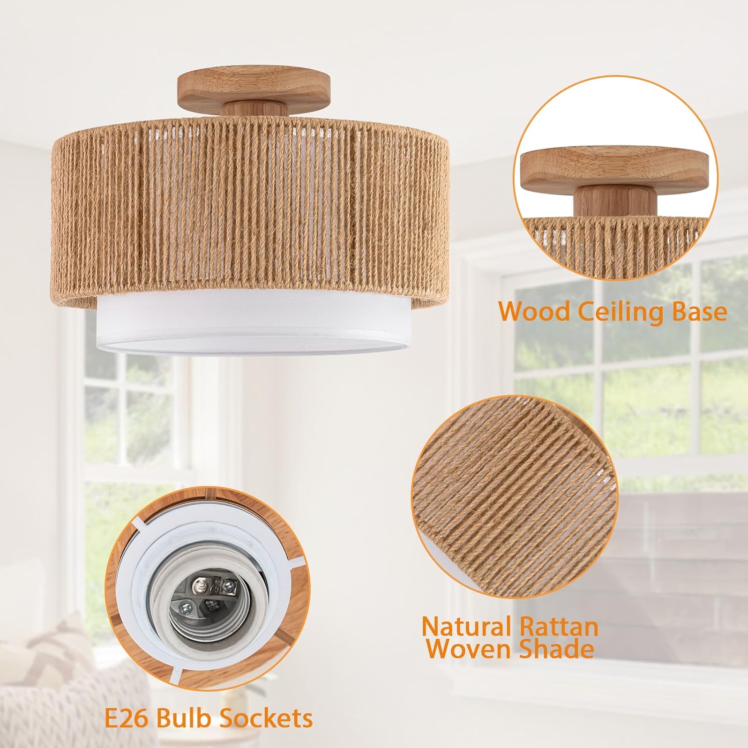 SineRise 12'' Rattan Flush Mount Ceiling Light Fixture,2-Tier Drum Hand-Woven Boho Flush Mount Ceiling Light,Farmhouse Light Fixture for Living Room,Kitchen,Bedroom Foyer Entryway ect.
