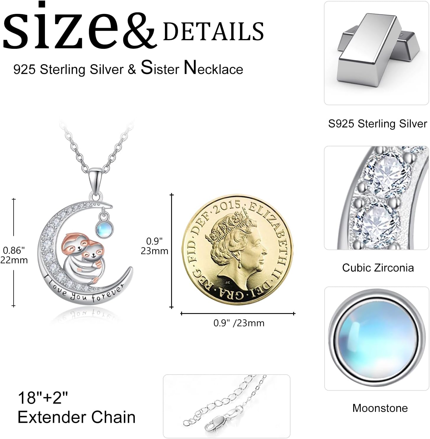 KINGWHYTE Penguin/Sloth/Tree of Life Necklace 925 Sterling Silver Moon Pendant Cute Animal Jewelry Birthday Gifts for Men Women - Image 6