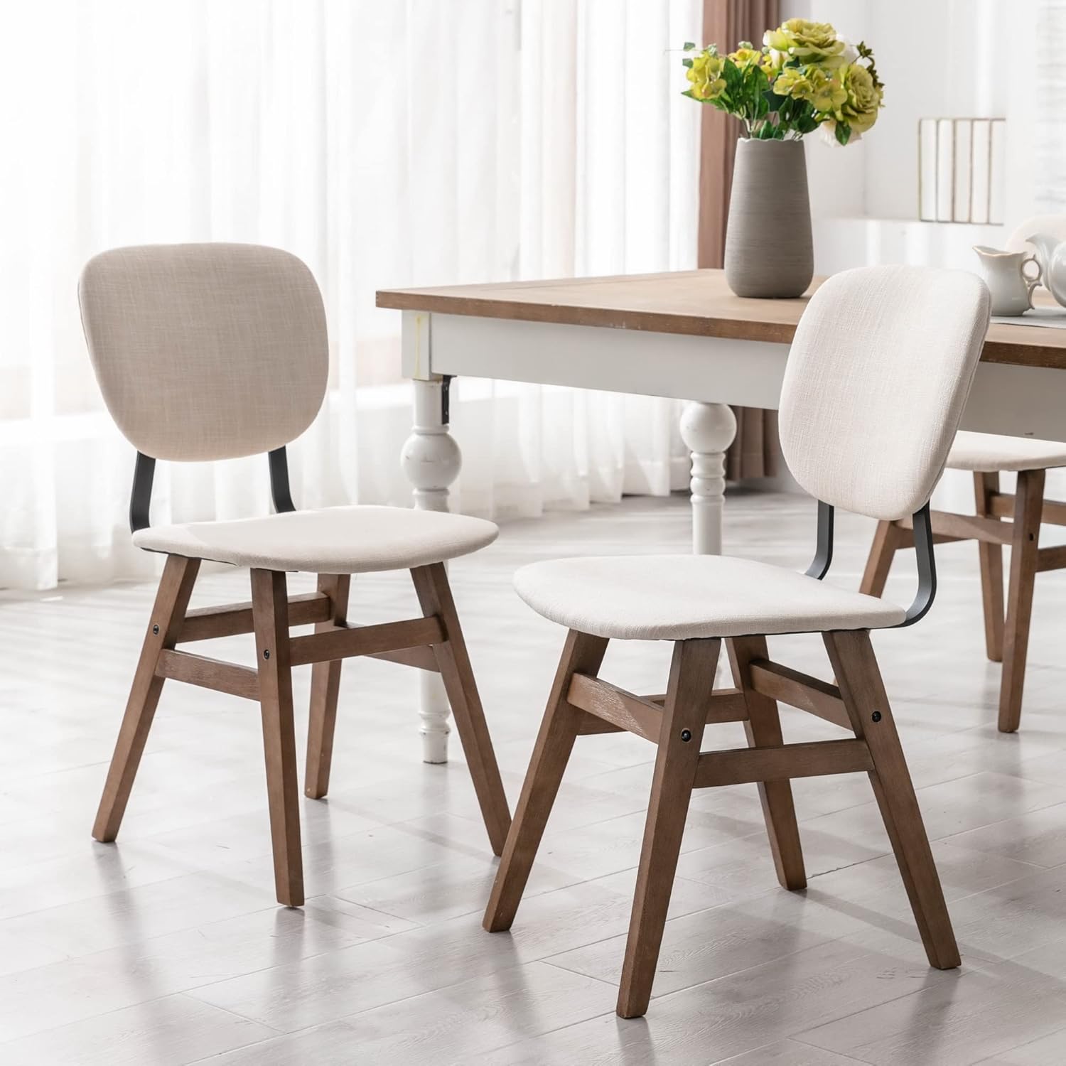 Mid Century Modern Dining Chairs Set of 2, Linen Upholstered Kitchen Chairs with