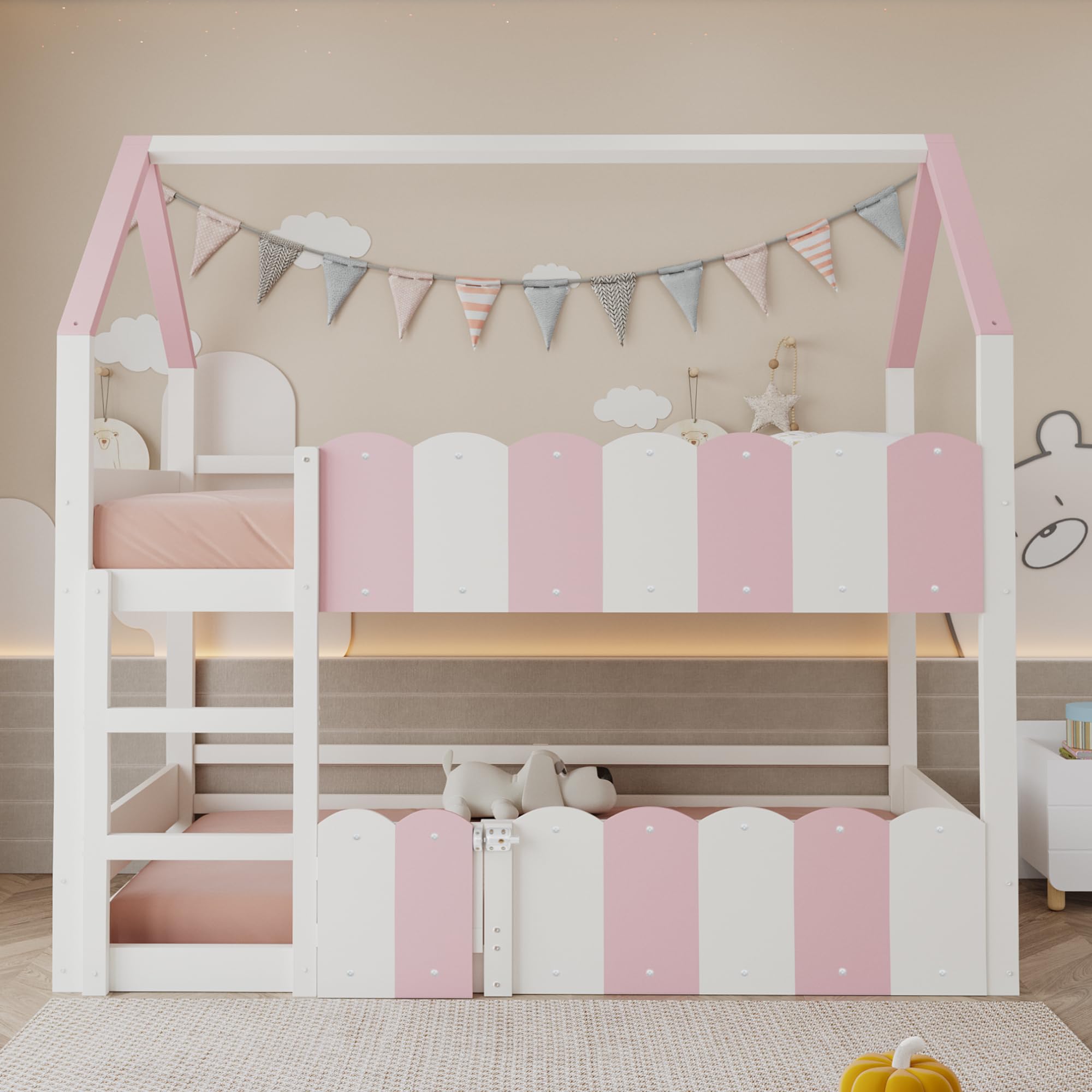 YESGIGA Kinder-Etagenbett 90x200 cm, Hausförmiges Design mit erhöhten Sicherheitsgeländern, Das Obere Bett verfügt über Einen Lattenrost. Geeignet für Jungen und Mädchen (Rosa)