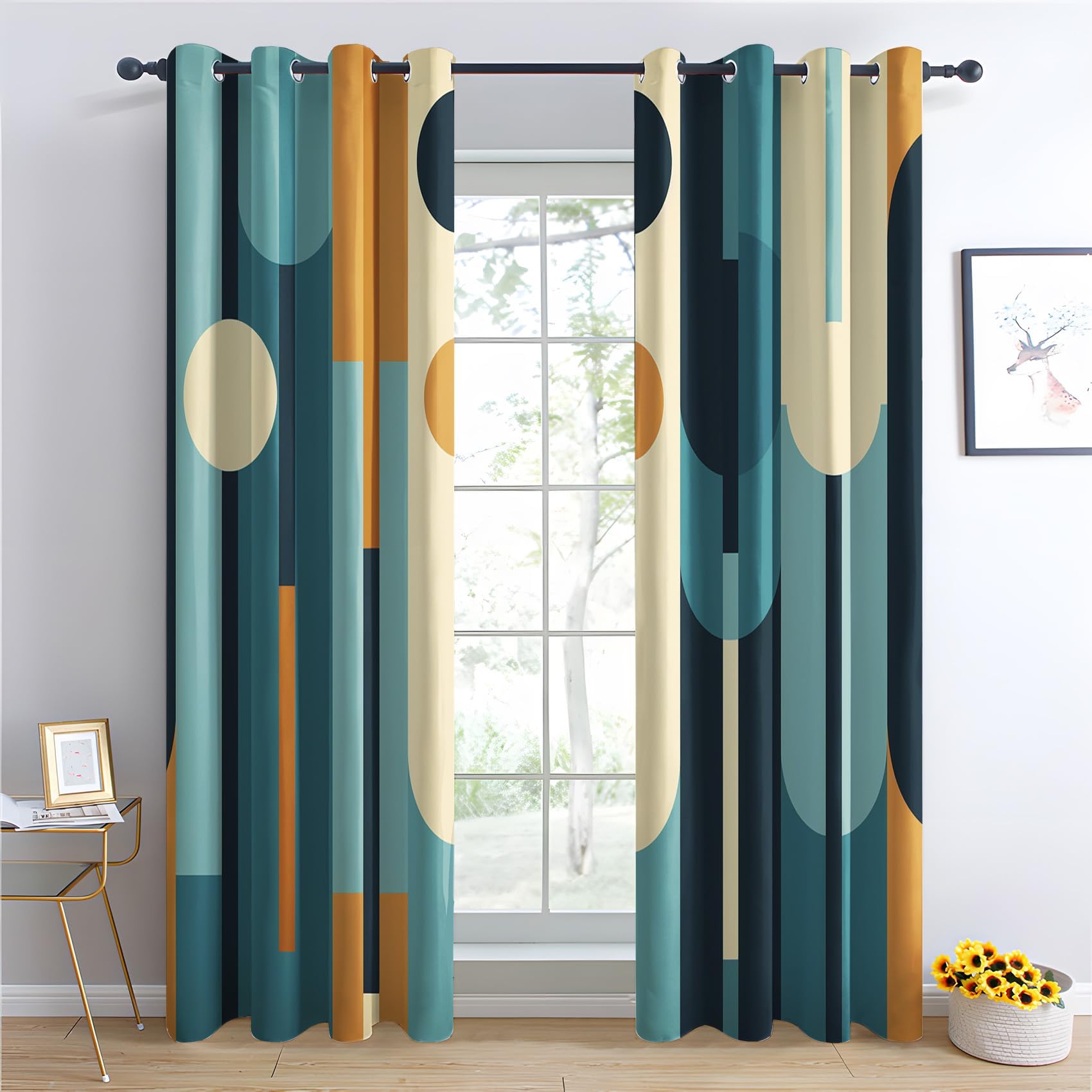 Nowoczesna geometryczna zasłona zaciemniająca w stylu mid-century 2 x 180x265cm (szer. x wys.) Abstrakcyjna sztuka Zestaw 2 termicznych zasłon z oczkami do salonu, sypialni, okna, kuchni