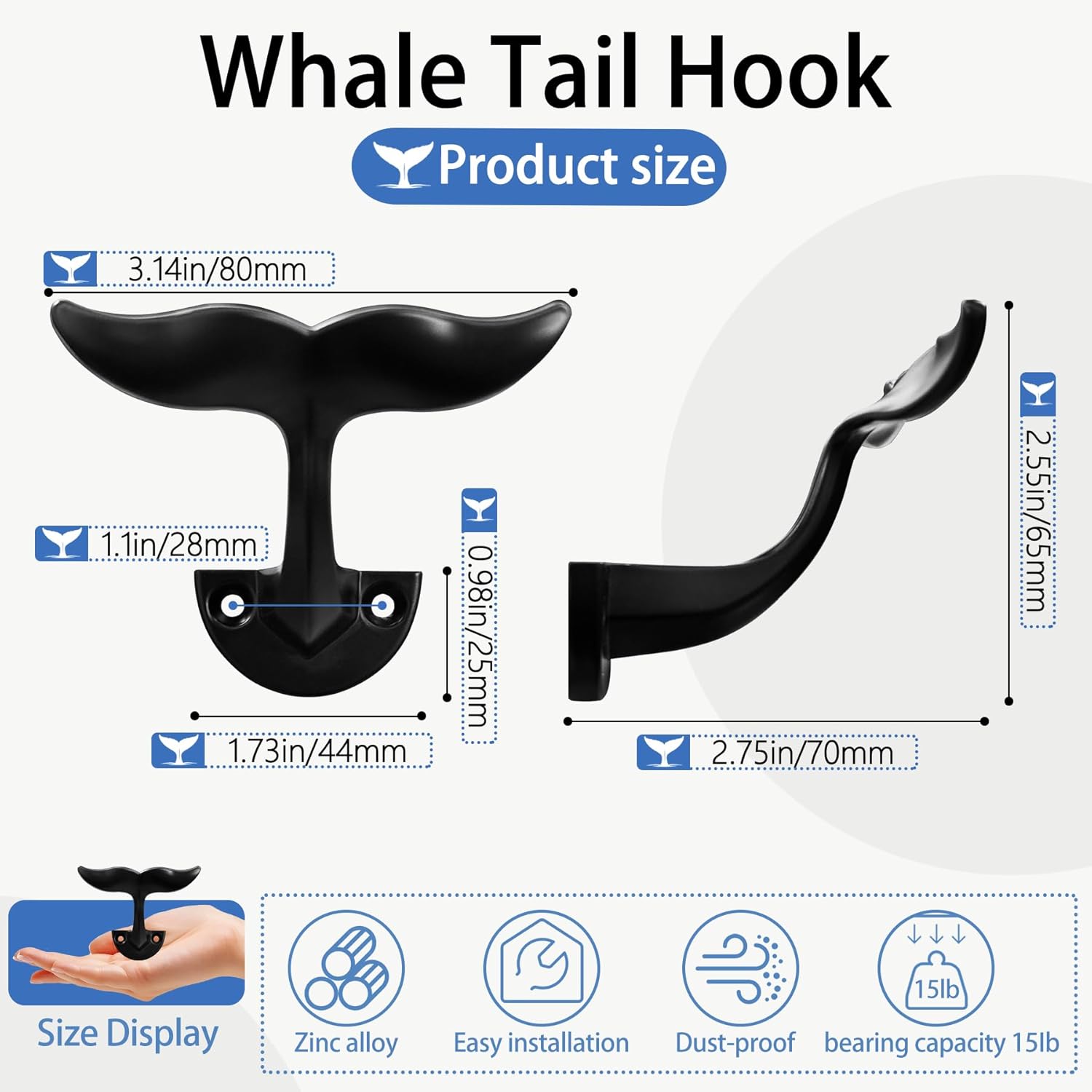 Black Whale Tail Wall Hooks (Set of 5), Heavy Duty, Wall Mounted, Decorative Wall Hooks Used for Hanging Coats, Towel, Robe, Wardrobe/Bathrooms, Ocean Nautical Home Decoration - Image 4