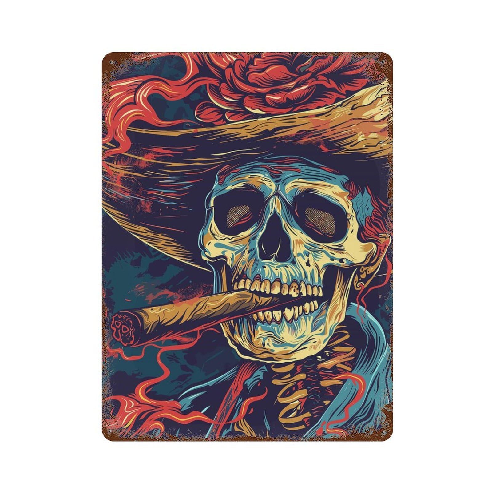Decorative Tin Sign with Cigar Smoking Skeleton Design 15.7"x11.8", for Garage, Bar And Workshop Decor, Decorative Metal Wall Art