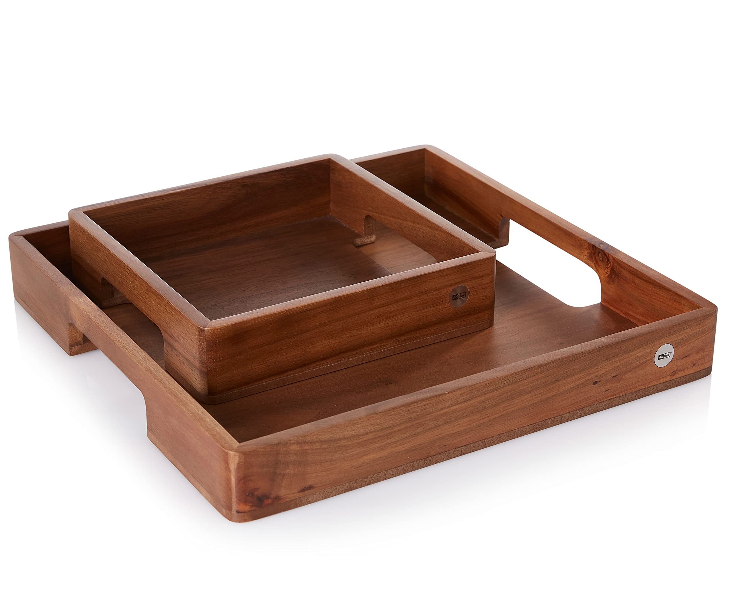 AdHoc ST22 - Bandeja para servir platos, bebidas, aperitivos con mango SERVE SQUARE rectangular, madera de acacia/nogal