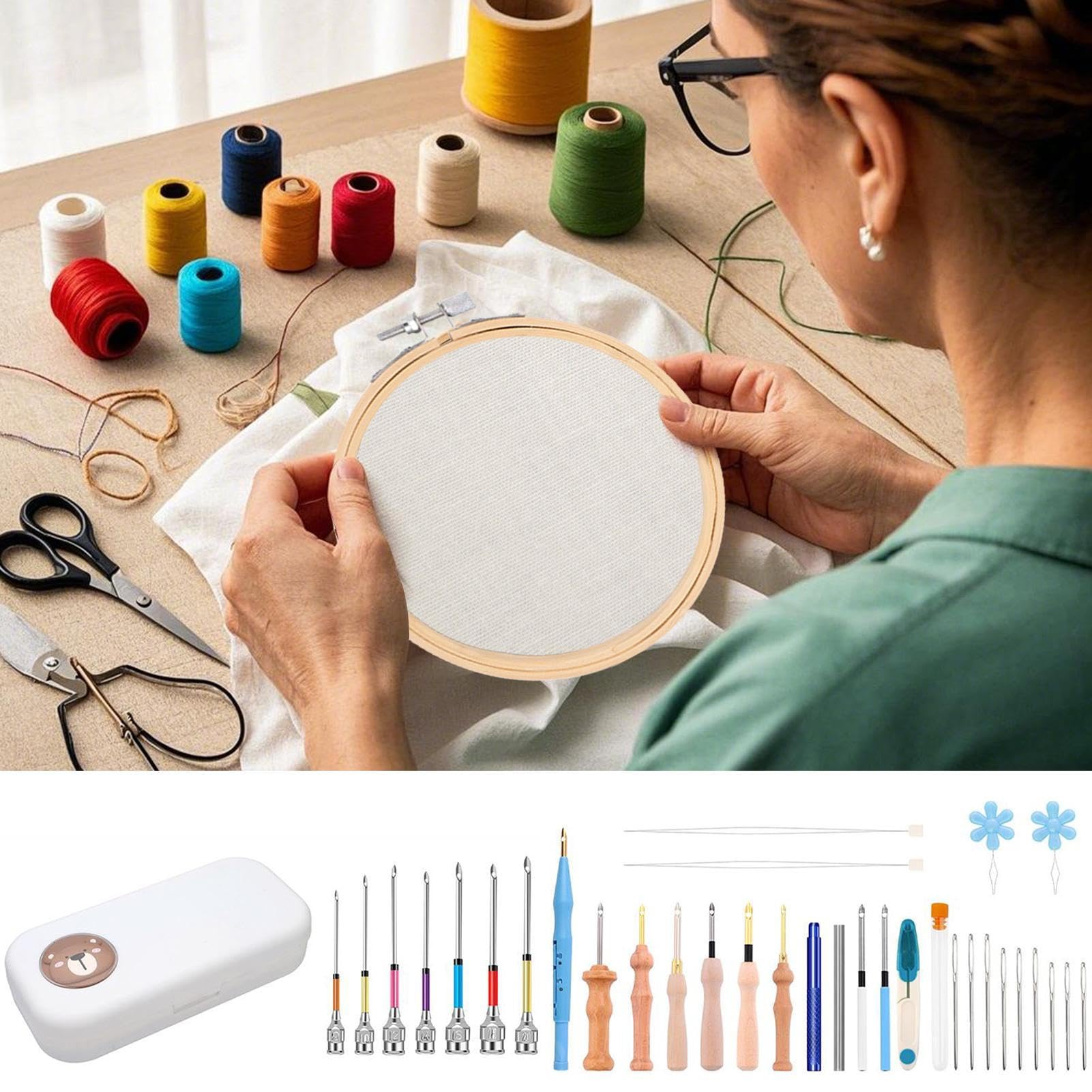 Kit Punch Needle, juego para principiantes – Herramienta ajustable para edredones, sombreros, almohadas, ropa