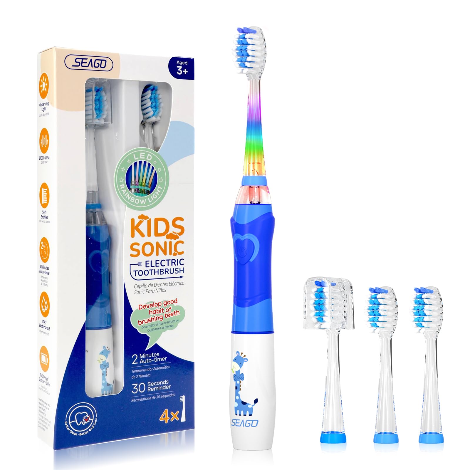Seago Elektrische Zahnbürste Kinder ab 2, Kinderzahnbürsten mit 4 Extra Weiche Bürstenköpfe und LED Licht, 4 Modi 24000VPM Smart Timer Schallzahnbürste für Kleinkind Mädchen Jungen SG977(Blau)