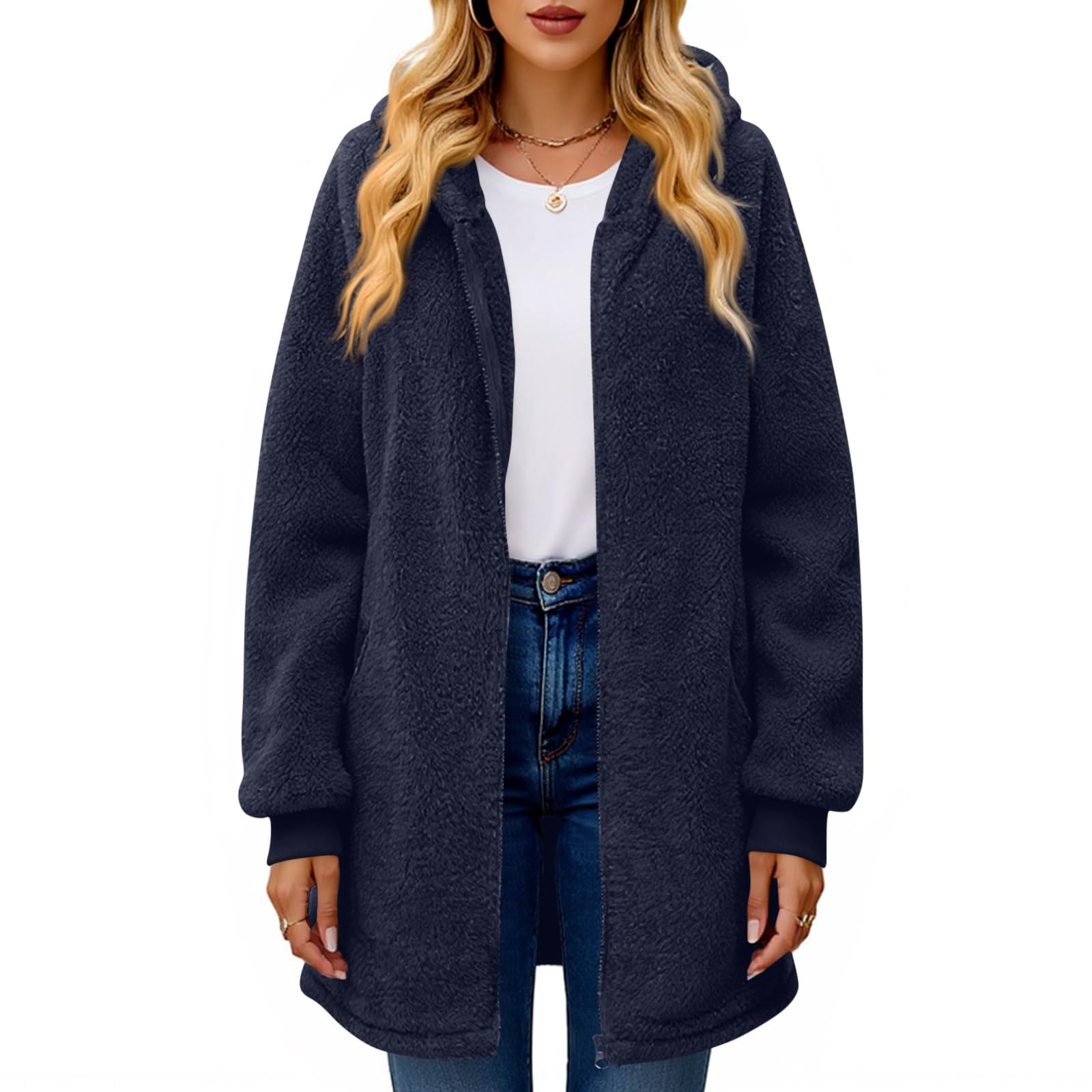 Generisch Fleecejacke Damen Mit Kapuze Winterjacke Damen Warm Teddyjacke