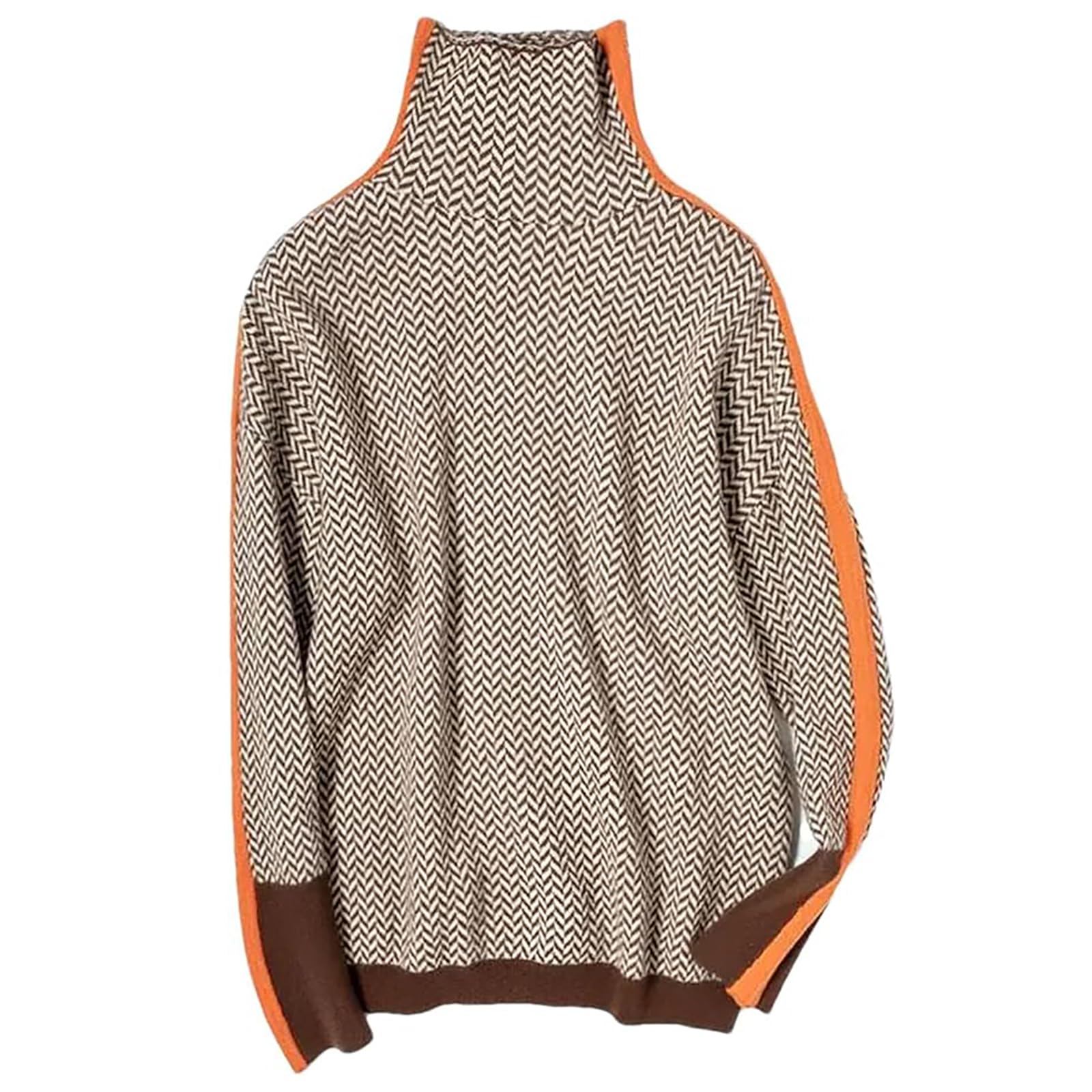 Ihigh Neck Sweater for Women Stack Collar Herringbone Pattern Sweater Vintage Patchwork Knitted Pullover Tops