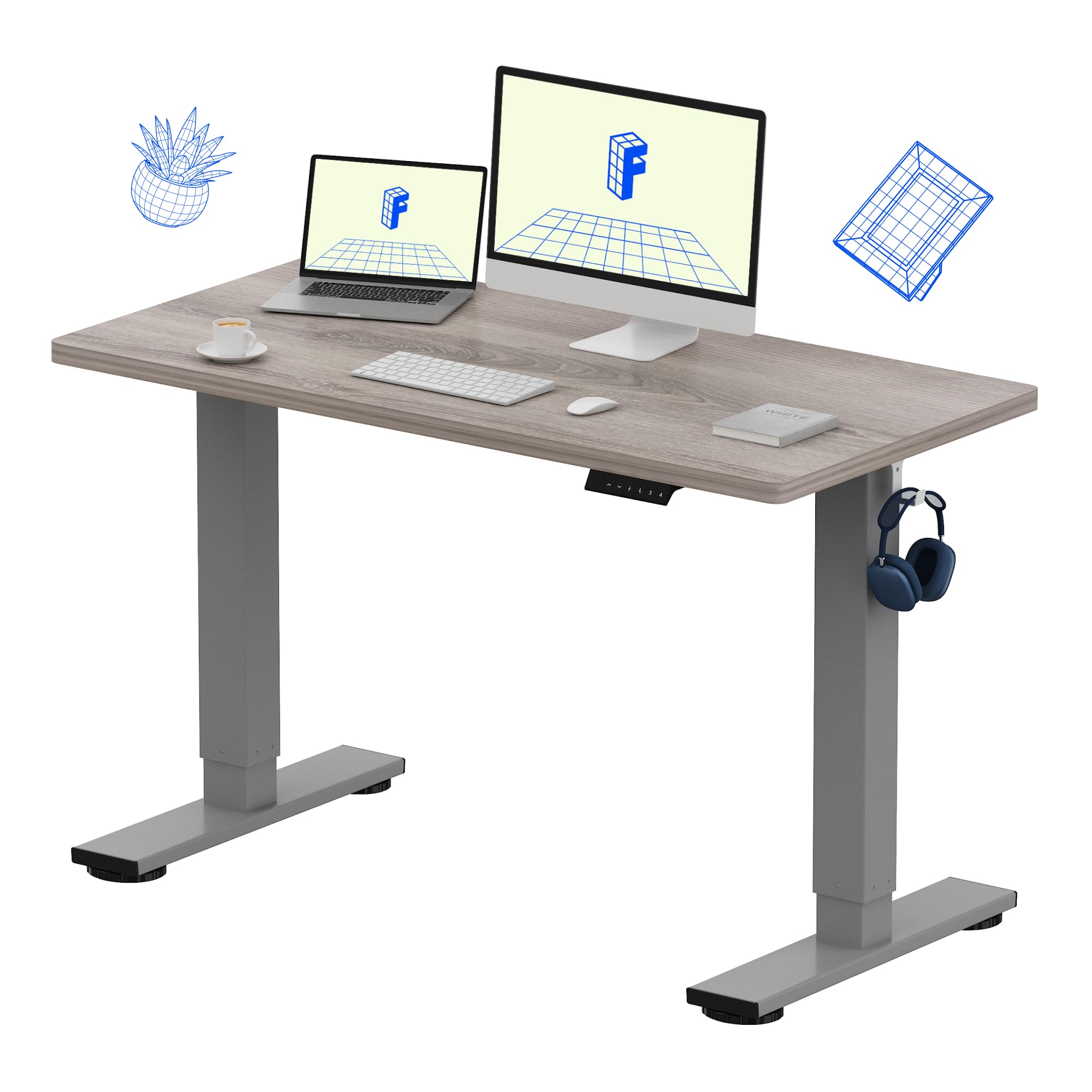 FLEXISPOT EN1 48"x24" One-Piece Electric Standing Desk, Grey Wood | 1" Thick Seamless Desktop, 176 LBS Capacity, Home Office Use, 4 Memory Presets, Multi-Monitor Setup, Easy Assembly Grey Wood 48x24