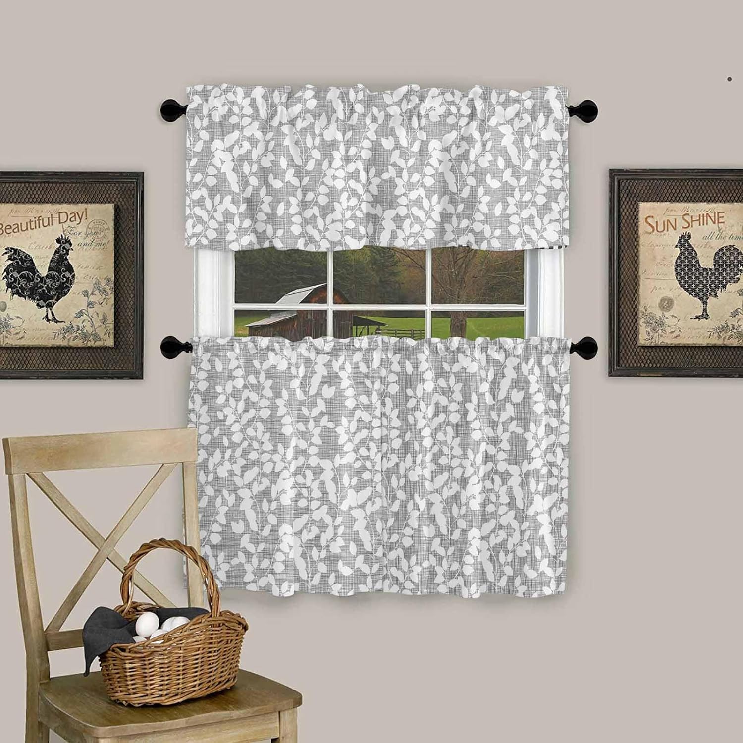 YOKOU Kitchen Curtains and Valances Set, Spring Summer Leaves Farmhouse Vintage Leaf Print Gray White Short Rod Pocket 3 Pieces Window Curtain Set for Bedroom, Bathroom, 24 Inch Long