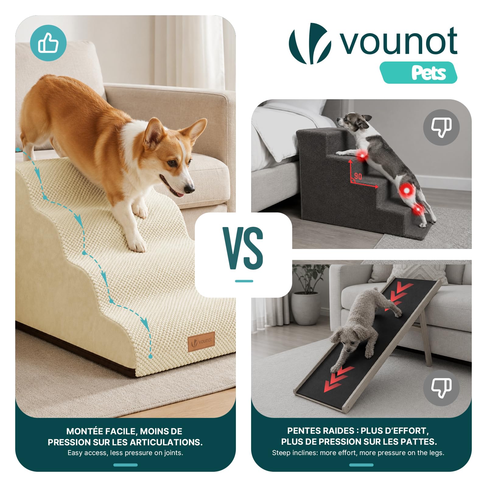 VOUNOT® Scaletta per Cani a 4 Gradini, Scala per Animali Antiscivolo in Schiuma ad Alta Densità con Maniglia, Sfoderabile e Lavabile, Accesso a Divano e Letto per Cani Piccoli o Anziani, Beige