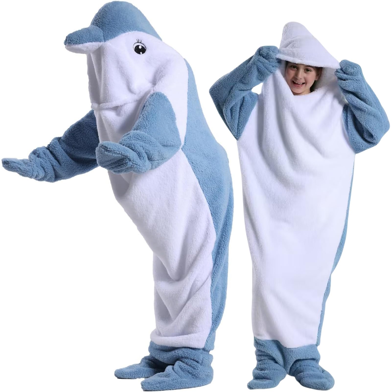 HULG Dolphin Blanket Onesie Adults, Soft Cozy Dolphin Blanket, Wearable Fleece Throw Flannel Dolphin Tail Hoodie