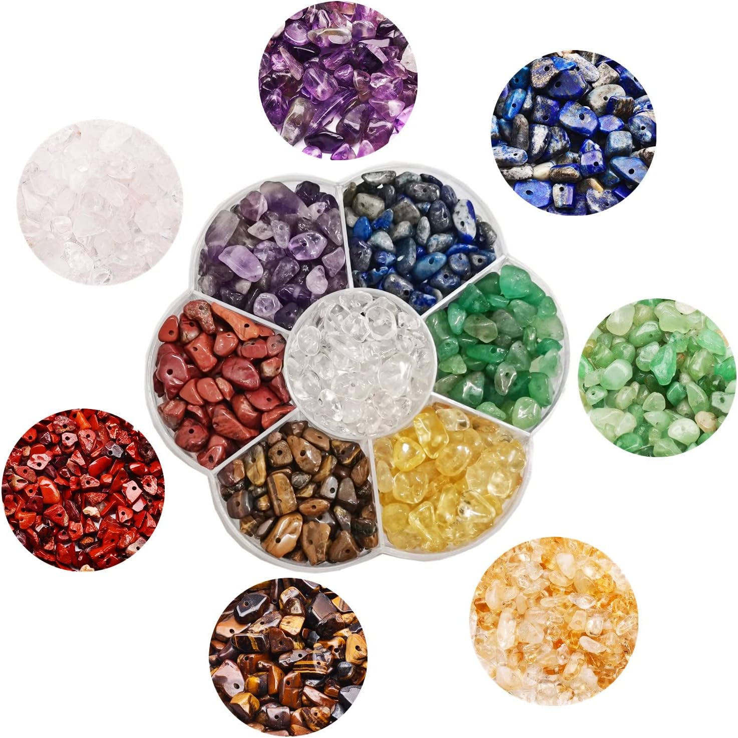 GangGangHao 7 Chakra Natural Chip Stone,About 628 Pcs Irregular Gemstones Healing Crystal Loose Rocks Bead Hole Drilled DIY for Bracelet Jewelry Making Crafting (5-8mm,7 Chakra Color Mix)