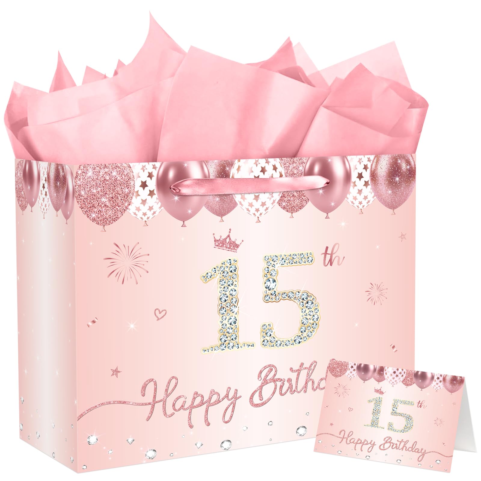 JCTHKUKU Rose Gold 15 and Fabulous 15th Birthday Gift Bag for Women Large Pink Happy 50th Birthday Gift Bag with Wrapping Paper and Card