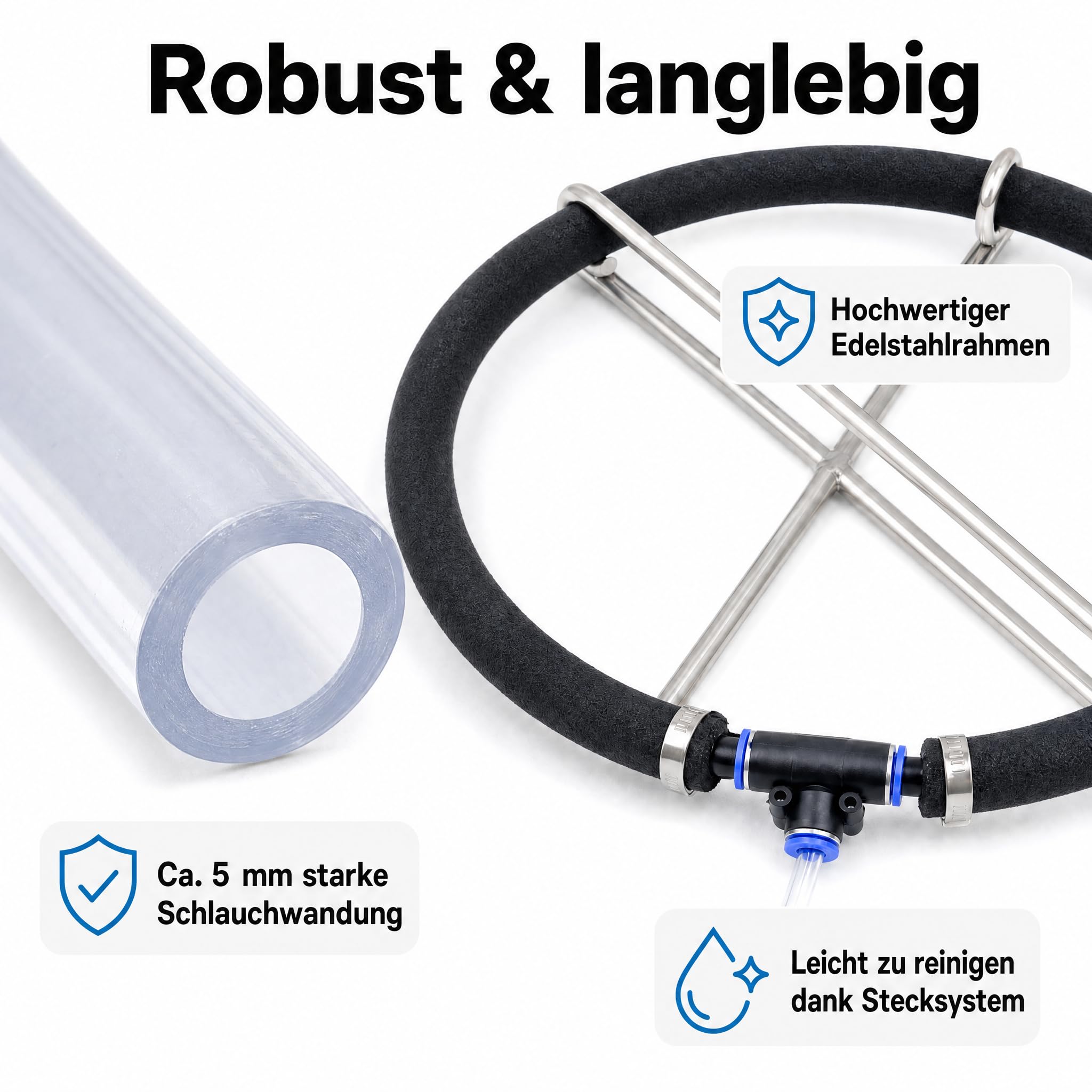 Pondlife Teichbelüfter Belüfterring 50 cm, japanischer Luftausströmer, selbstsinkend mit Edelstahlkreuz, feine Perlung, für Teichbelüftung, Koi-Teich und Filterkammern, Schlauch mit Innenmaß 16 mm