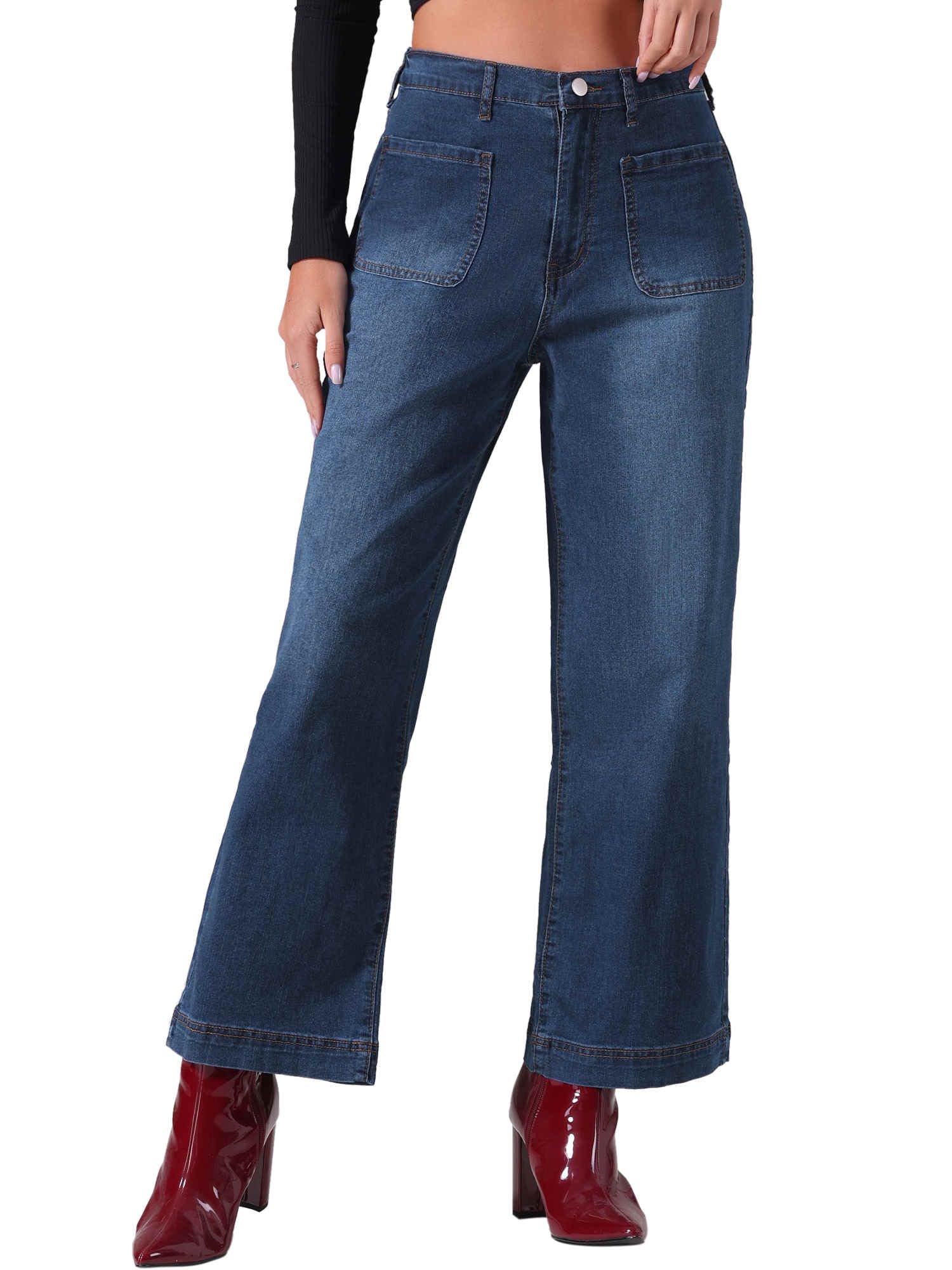 Jean large stretch taille haute à boutons Allegra K