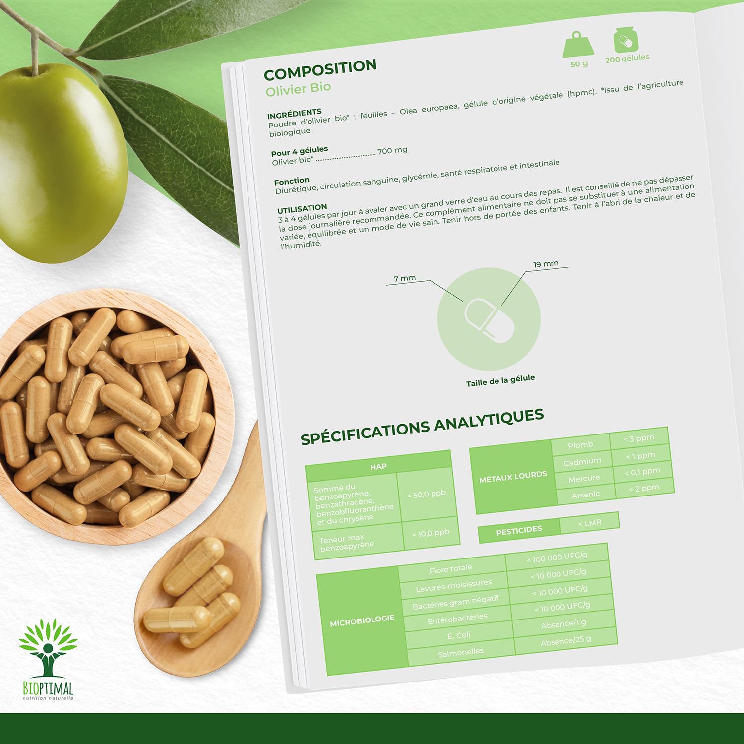 Olivier bio - Bioptimal - Complément alimentaire - Circulation Sanguine Tension Cardio - Feuille d'olivier en Poudre - 700mg par jour - Fabriqué en France - Certifié par Ecocert - 200 gélules