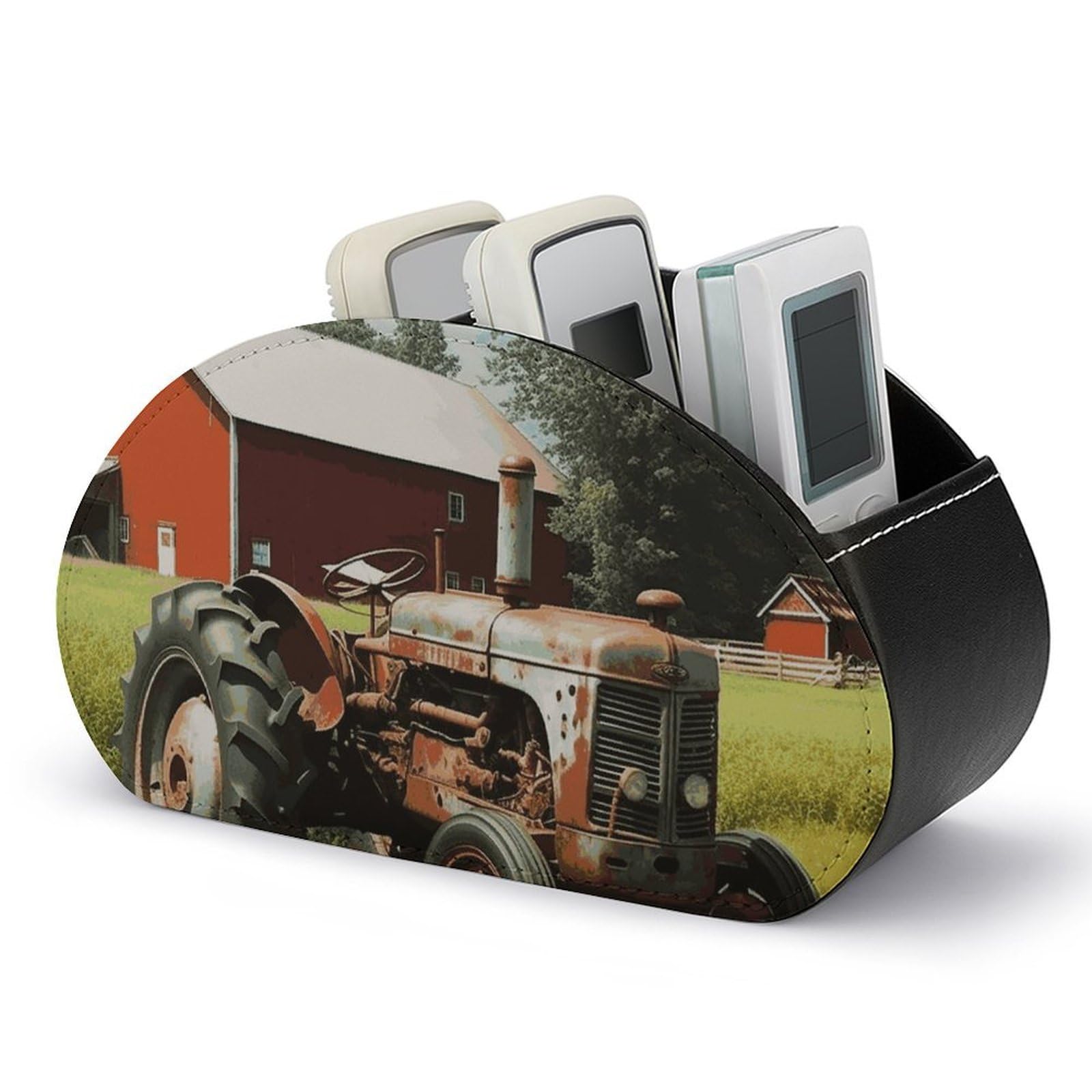 DWVTSLH Company Farm Tractor Remote Control Holder with 5 Compartments - PU Leather TV Remote Holder Remote Caddy Desktop Organizer Makeup Brush Holder, Remote Storage Box for Home Office