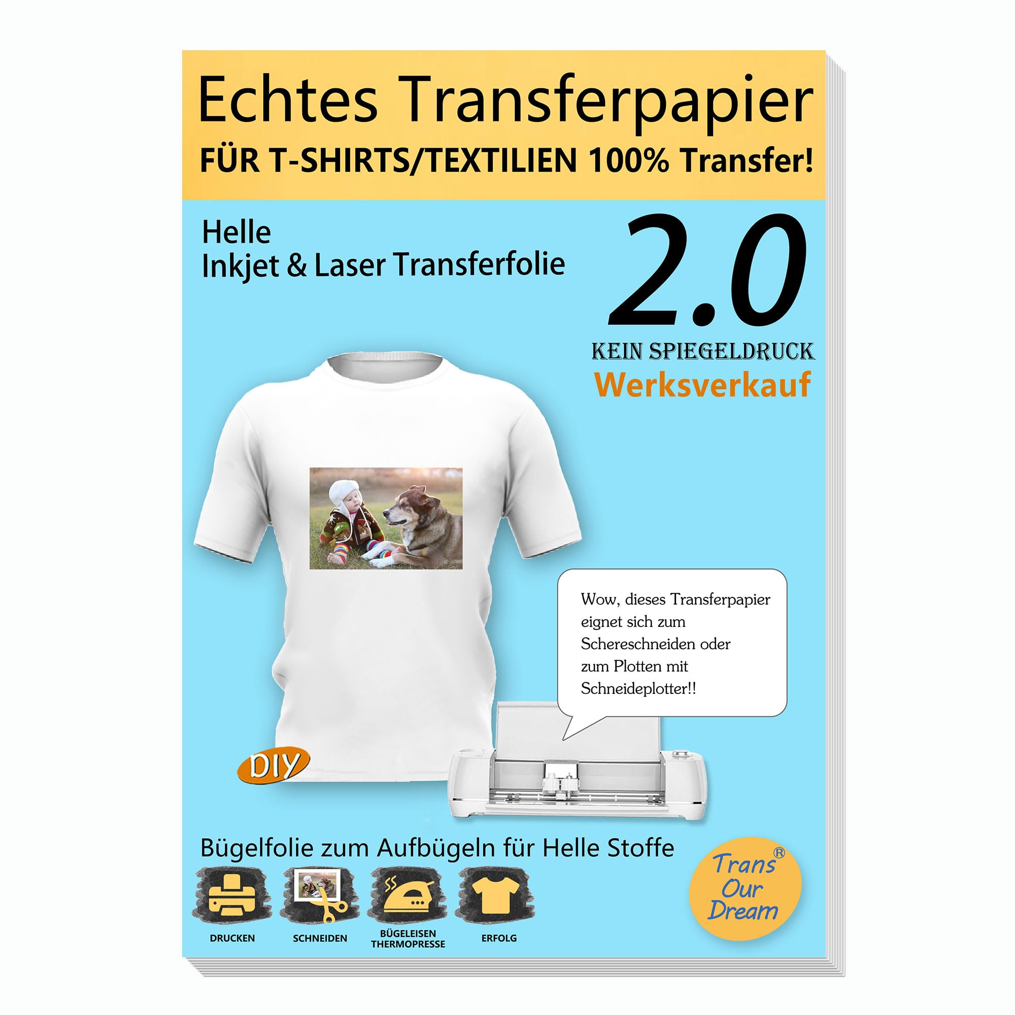 TransOurDream A4X200 papier transferowy do drukarek atramentowych/laserowych, folia transferowa, folia do prasowania