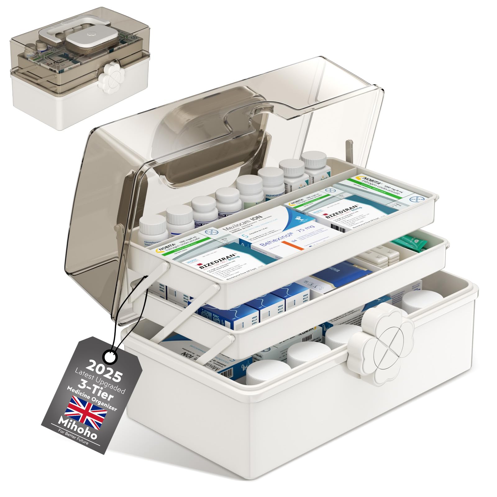 Mihoho 3-Tier Medicine Organizer, Large Medicine Box Storage Box Organizer 3 Layers with Compartments Family Emergency Kit Storage Case (White A)
