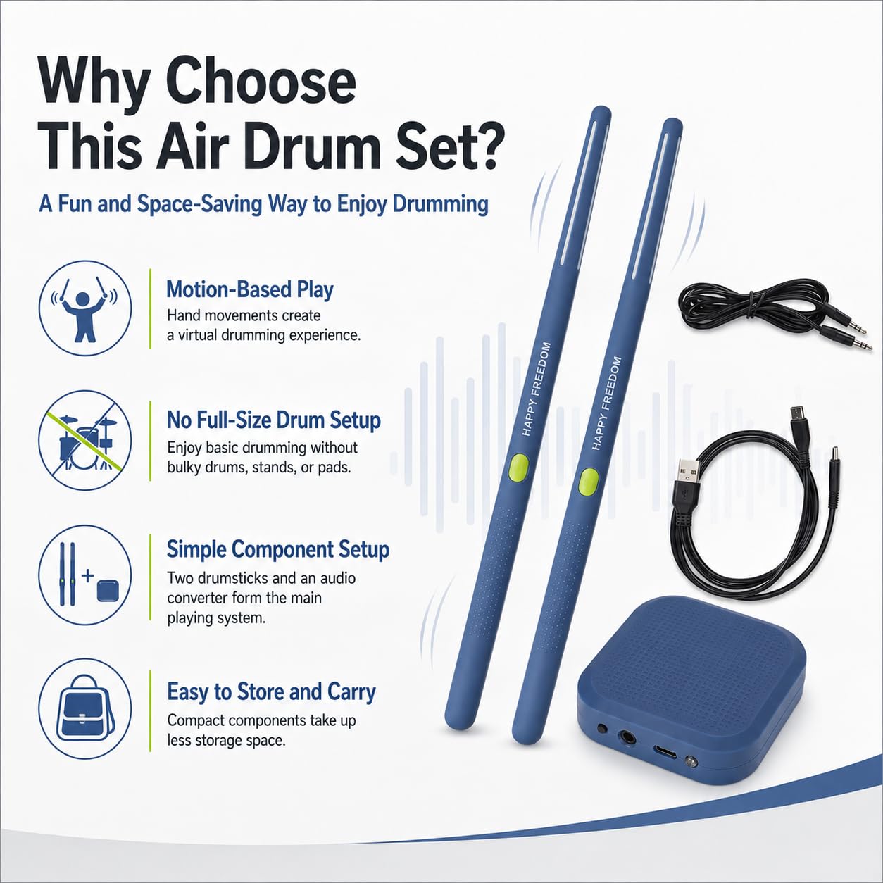 Air Drum Set Reconocimiento de detección de movimiento Baquetas de aire eléctricas compactas portátiles para adultos Niños Principiantes Cian niños amigos amantes (Azul)
