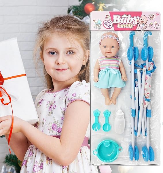 Générique Poussette de Jeu pour poupées avec Accessoires d'alimentation,Bébé Miniature Jeu pour Enfant,Ensemble de poupées de 10 Pouces avec Poussette - 3