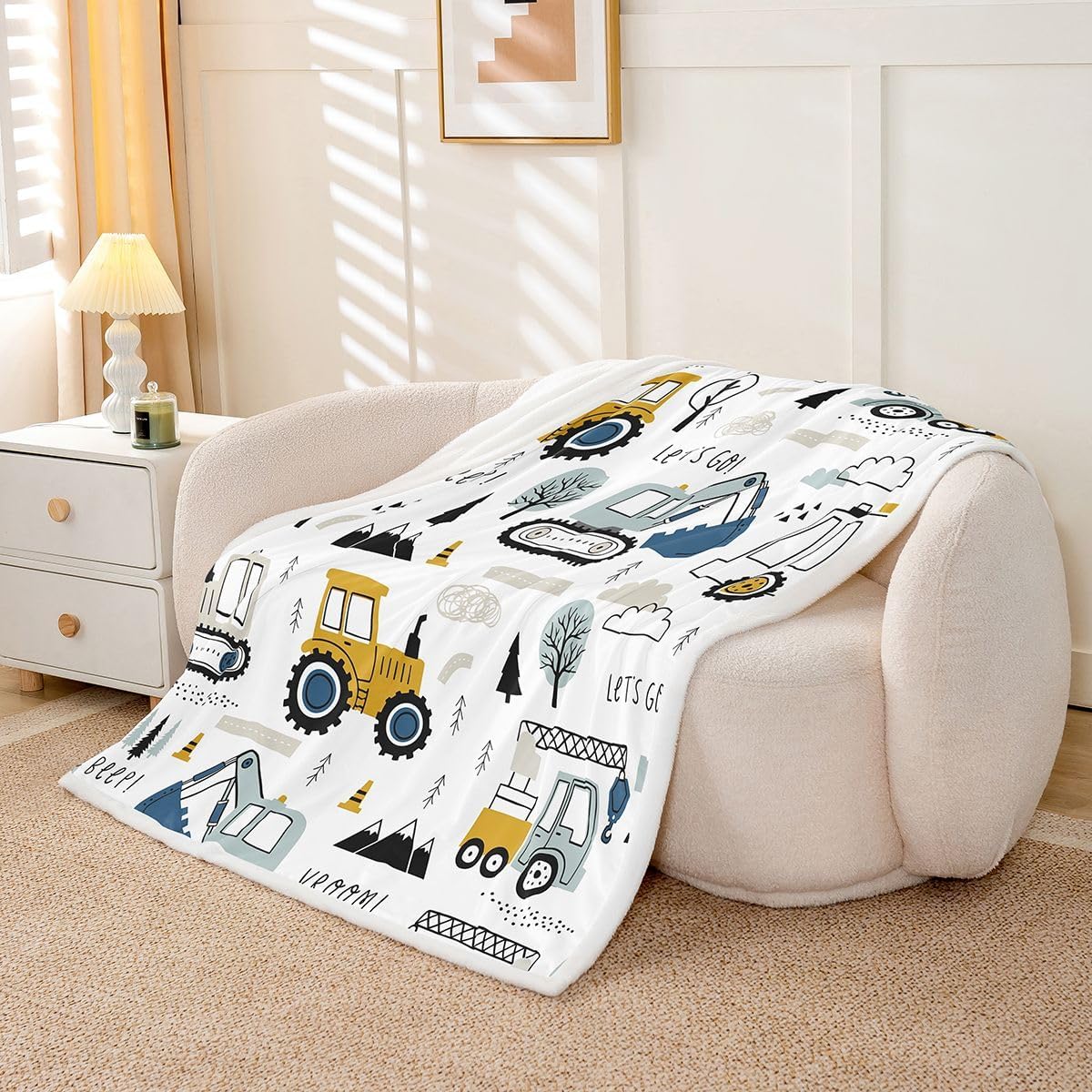 Feelyou Kids Construction Fleece Throw Blanket Equipment Trucks Plush Blanket Excavator Tractor White Yellow Fuzzy Blanket Twin 60"x80"