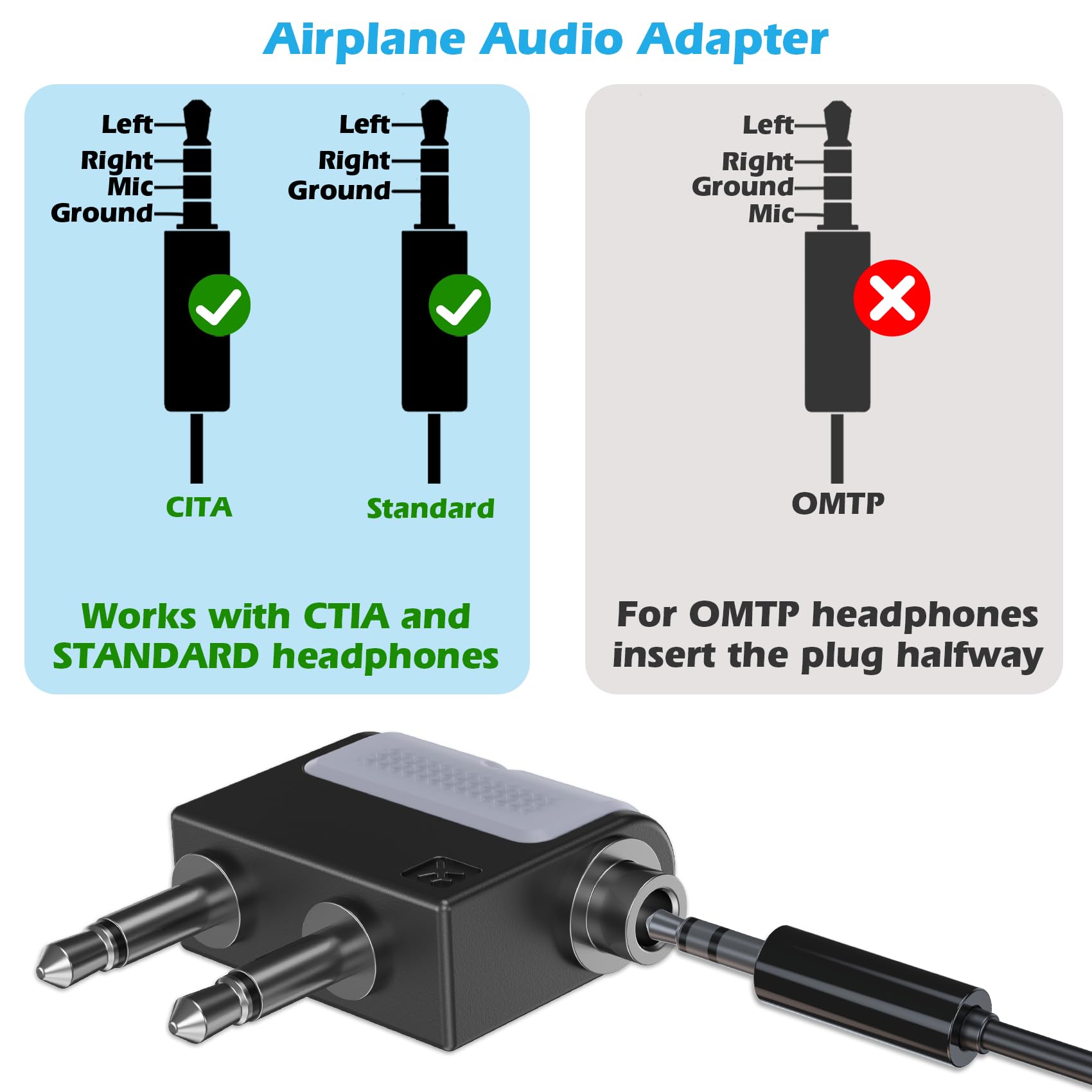 KAIY Dual 3,5-mm-Stecker auf 3,5-mm-Buchse, Flugzeug-Kopfhörer-Adapter, Flugzeugadapter für Kopfhörer, AUX-Splitter, Airline-Audio-Klinken-Fluganschluss für EVA-Fluggesellschaften/Delta/Virgin