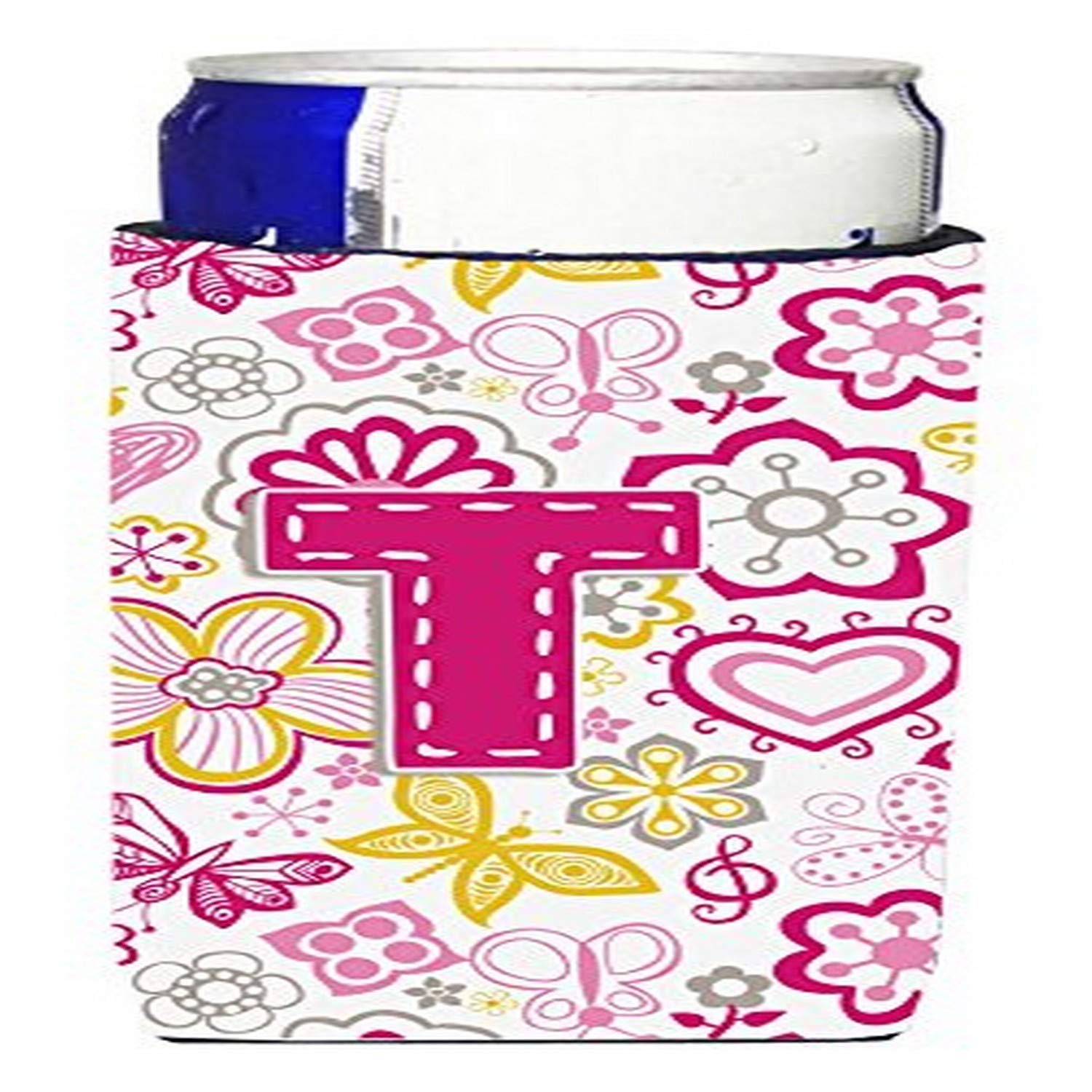 Letter T Flowers and Butterflies Pink Ultra Beverage Insulators for Slim cans CJ2005-TMUK