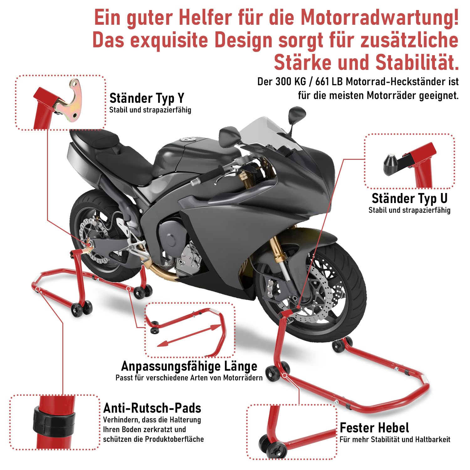 Stojak na motocykl, podnośnik do motocykla, przedni stojak z podwójnymi kółkami, regulacja szerokości, prace montażowe do 300 kg, stabilność (czerwony)
