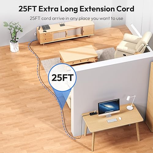 Miniatura 4 de NTONPOWER Regleta de alimentación con protector de sobretensiones de cable largo de 4000J, cable de extensión de 25 pies con 12 salidas y 4 puertos