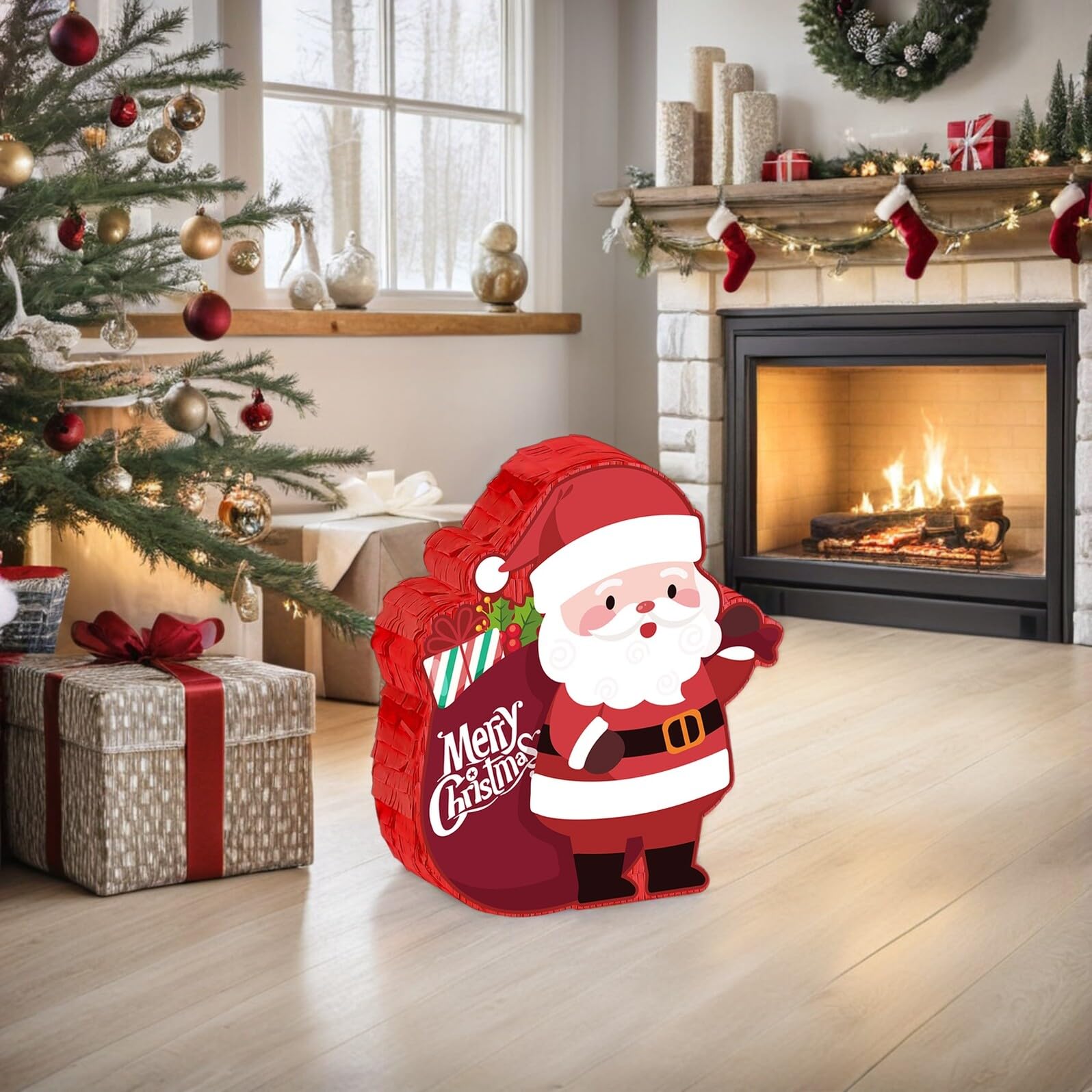 Weihnachtspiñata mit Weihnachtsmann-motiv Groß Hängend Befüllbar Inklusive Stiel und Augenbinde für Familienfeiern und Weihnachtsfeste