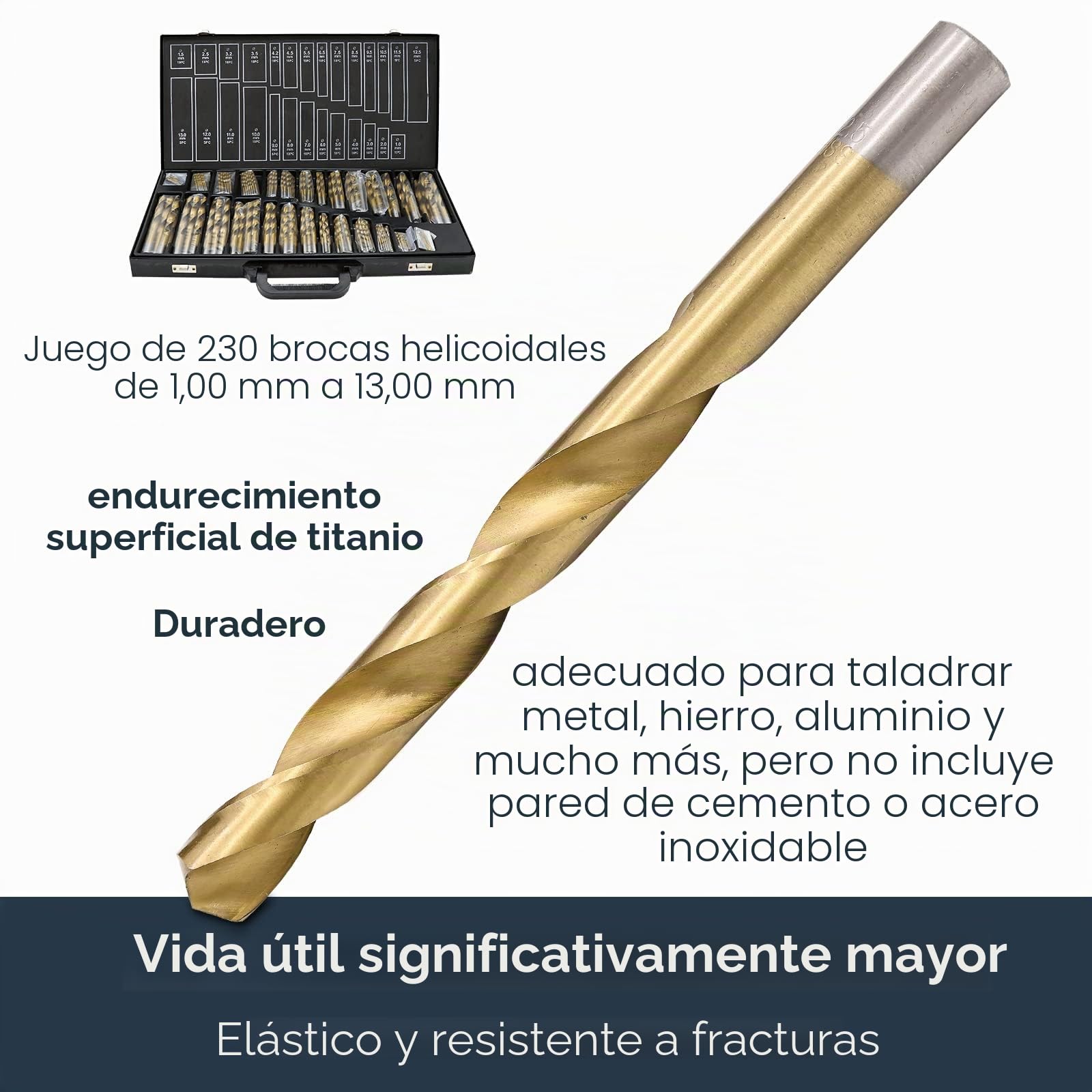 Surtido de brocas de metal de 230 piezas, juego de brocas espirales de 1 a 13 mm, revestimiento de titanio, juego de brocas profesionales