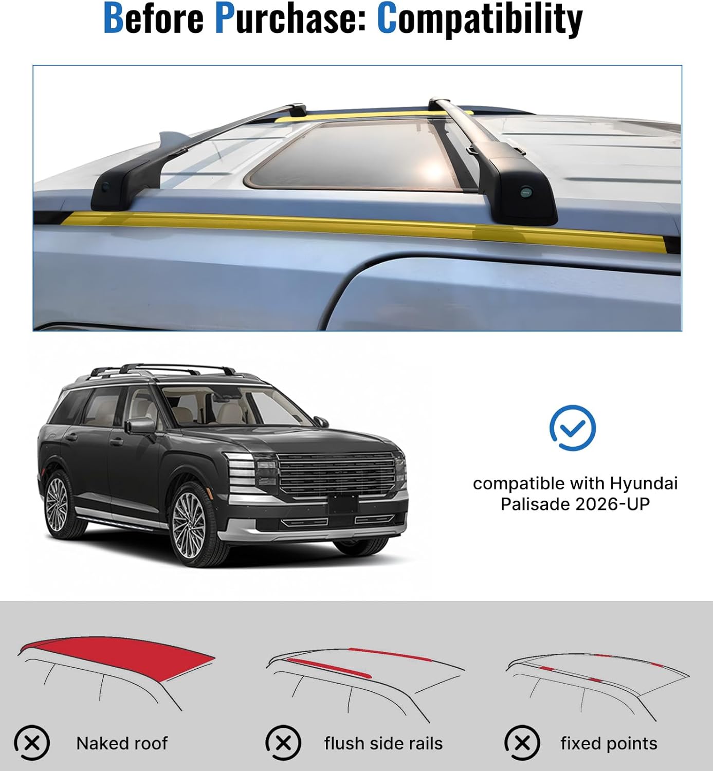 Roof Racks for 2026 Hyundai Palisade - 330 LBS Capacity, Dual-Hole Mounting, Lockable with Anti-Theft System, Black Aluminum Cross Bars