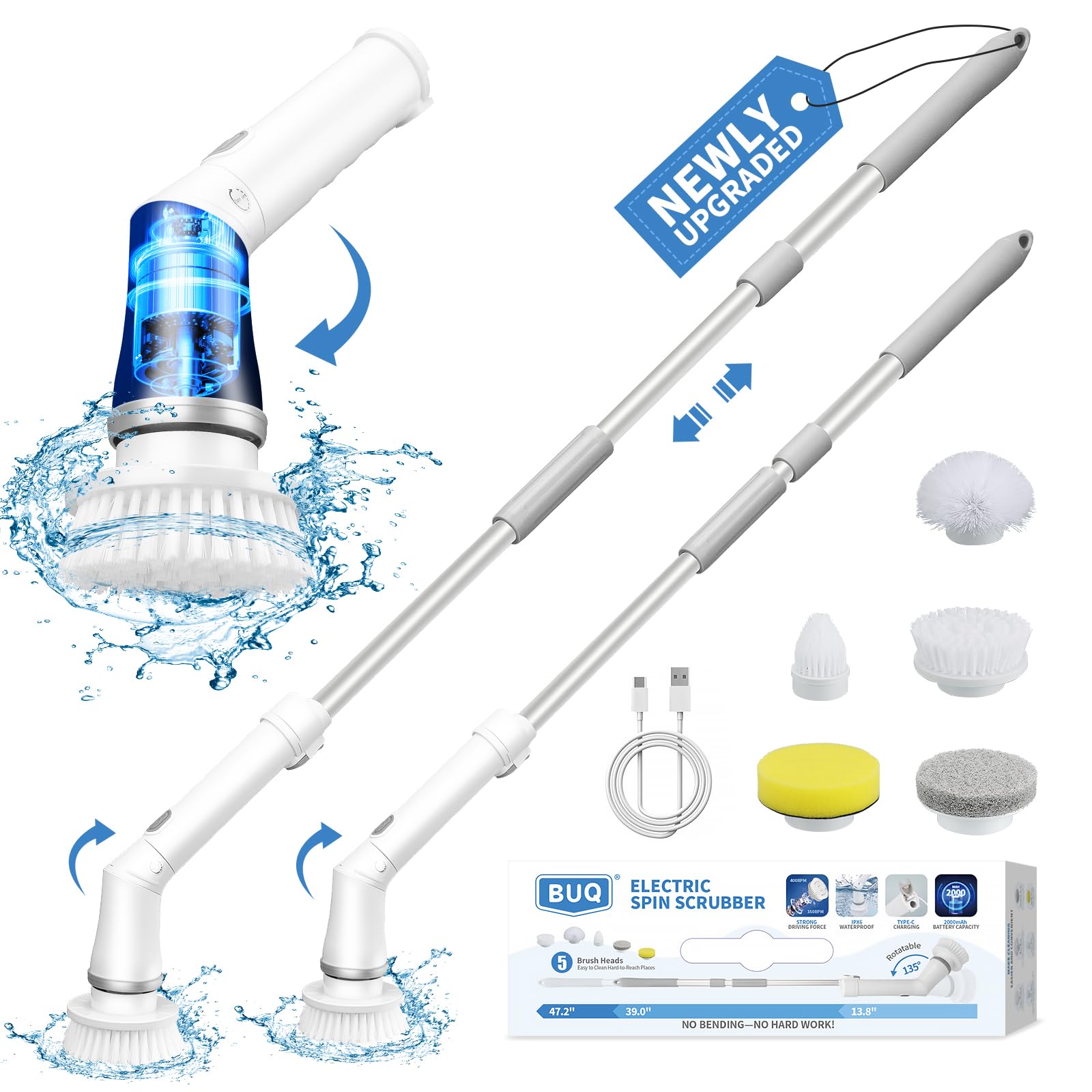 Electric Spin Scrubber, Cordless Shower Spin Scrubber with 2 Speeds & 5 Replacement Head, Power Bathroom Cleaning Brush Long Handle for Tub Bathtub Grout Tile Floor, 100min Runtime, Up to 400RPM