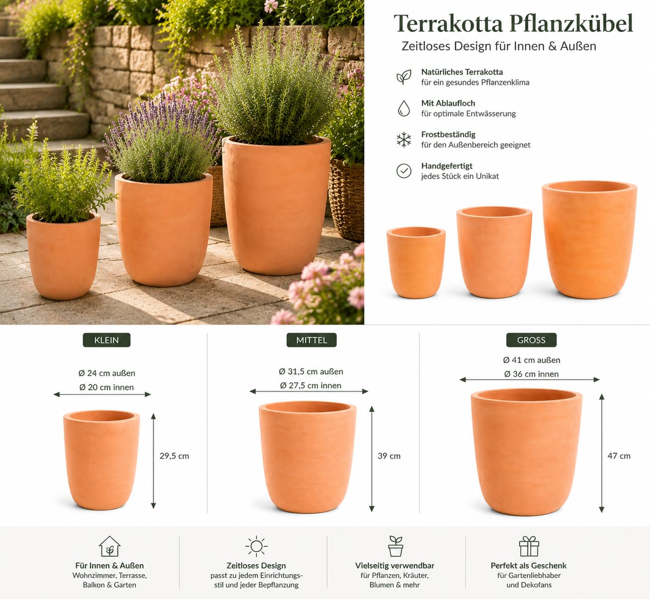 Terracotta Pflanzkübel Handgemacht Blumentopf Blumen Vase 3 Größen Garten mediterran Ton Topf für außen & innen (Ø 41 cm)