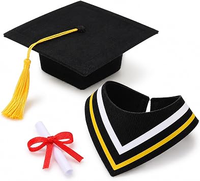 LOGOFUN Stuffed Animal Graduation Outfit Yellow Cap Scarf Scroll Set | Graduation outfit fits plush bears or dolls for class celebrations, photos and party favors.